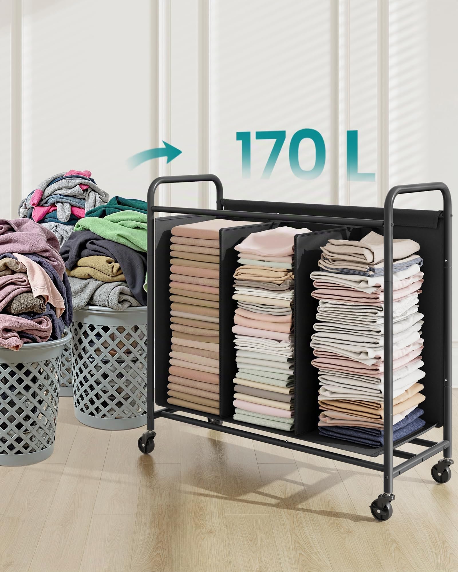 SONGMICS Panier à linge avec roulettes, panier à linge 3 compartiments, 170 l, panier à linge mobile, 5 étiquettes, pour buanderie, chambre à coucher, salle de bain, noir d'encre RLS330B01