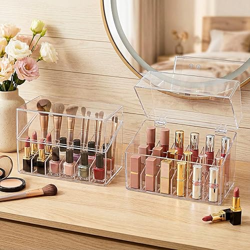 Miniatura 6 de Foraineam Paquete de 3 organizadores de lápiz labial con tapa, 18 espacios de acrílico transparente para lápiz labial, estuche de almacenamiento de