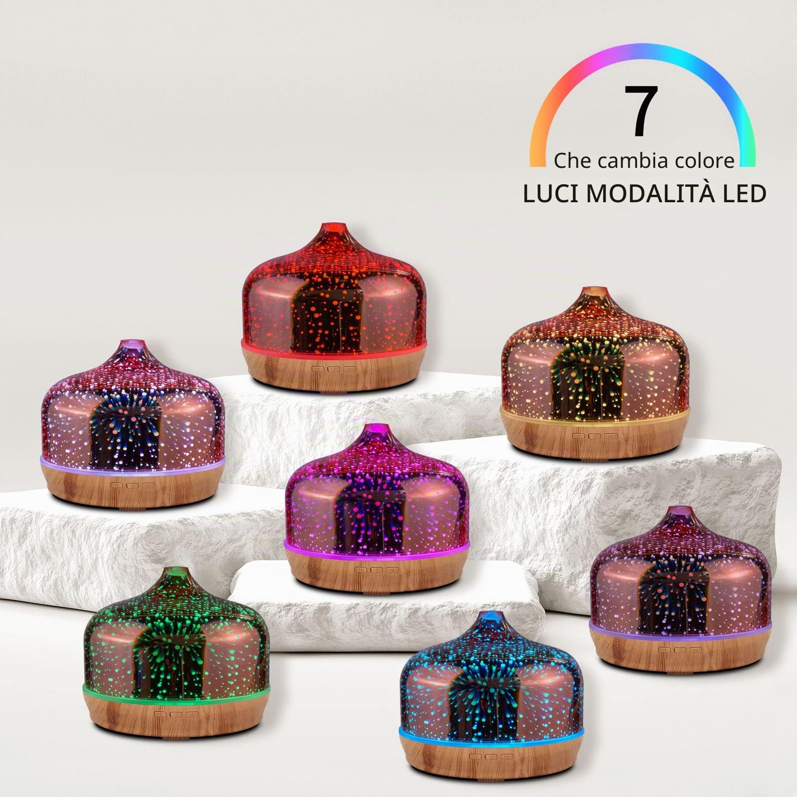 Porseme Diffusore di aromi in vetro con telecomando, effetto 3D, soffiato a mano, per fuochi d'artificio, umidificatore ad ultrasuoni, per oli essenziali, silenzioso, 7 colori, luce a LED, per casa