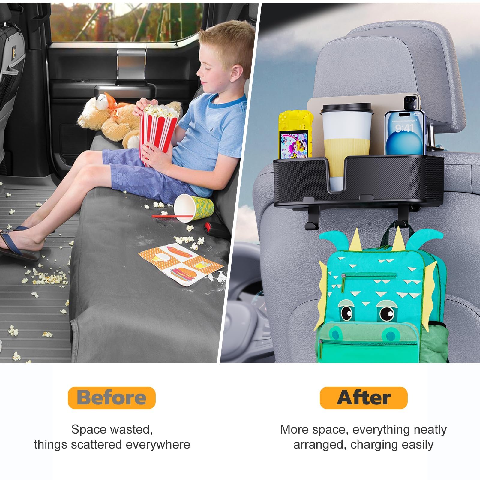 MAGJIEYX Auto Rücksitz Organizer, Multifunktionale Kopfstütze Becherhalter mit starken Haken für Kinder, Passagiere auf der Rücksitzbank, Reise Zubehör 2 Pack