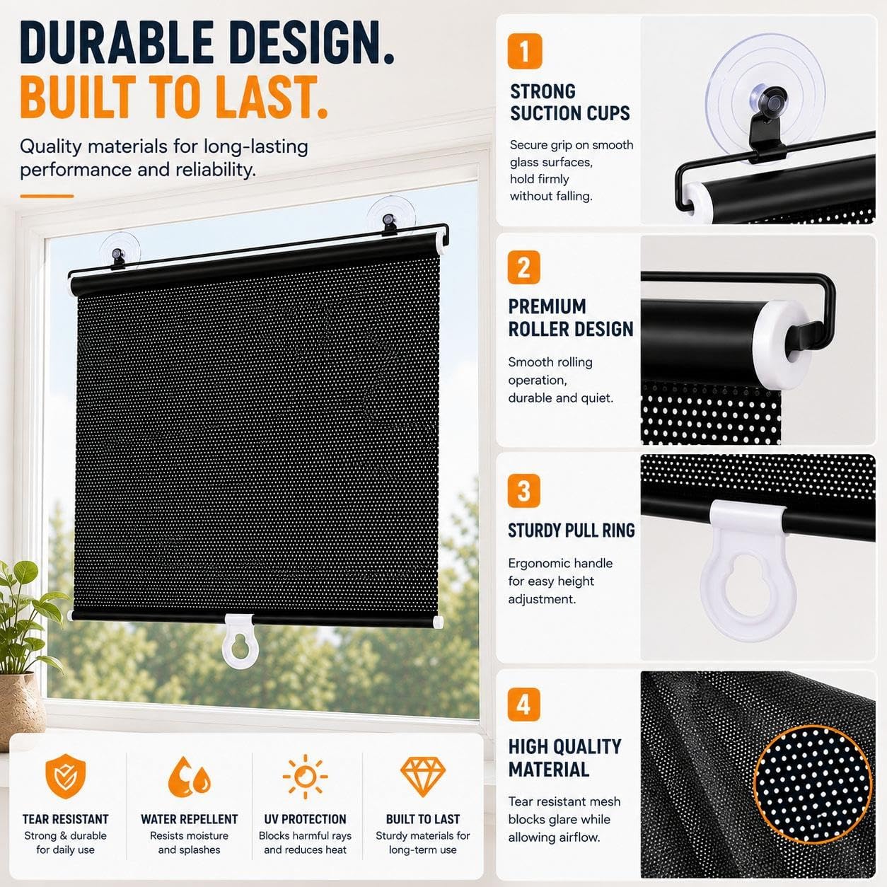 Store Enrouleur à Ventouses pour Fenêtre, sans Perçage, Pare-Soleil Rétractable, Protection UV Anti-Éblouissement et Intimité pour Chambre, Bureau, Véranda, Voiture(W 75 x 140 cm)