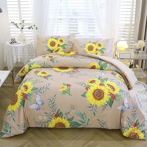 Juego de edredón de girasol azul con mariposa, juego de ropa de cama floral amarillo de 3 piezas, juego de ropa de cama tamaño Queen de granja,