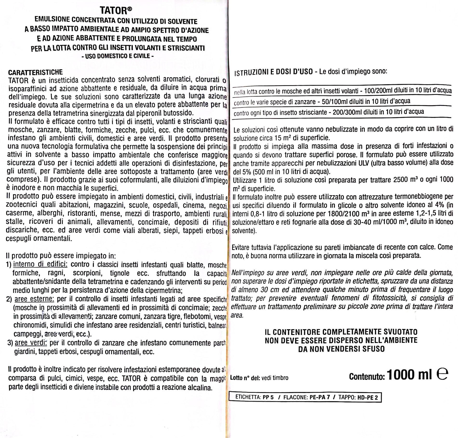 Hygiene System | Zapi Tator BIA Plus Insetticida Concentrato da 1 Litro, per Ambienti Interni ed Esterni – Controllo di Zanzare, Mosche Insetti Volanti e Striscianti