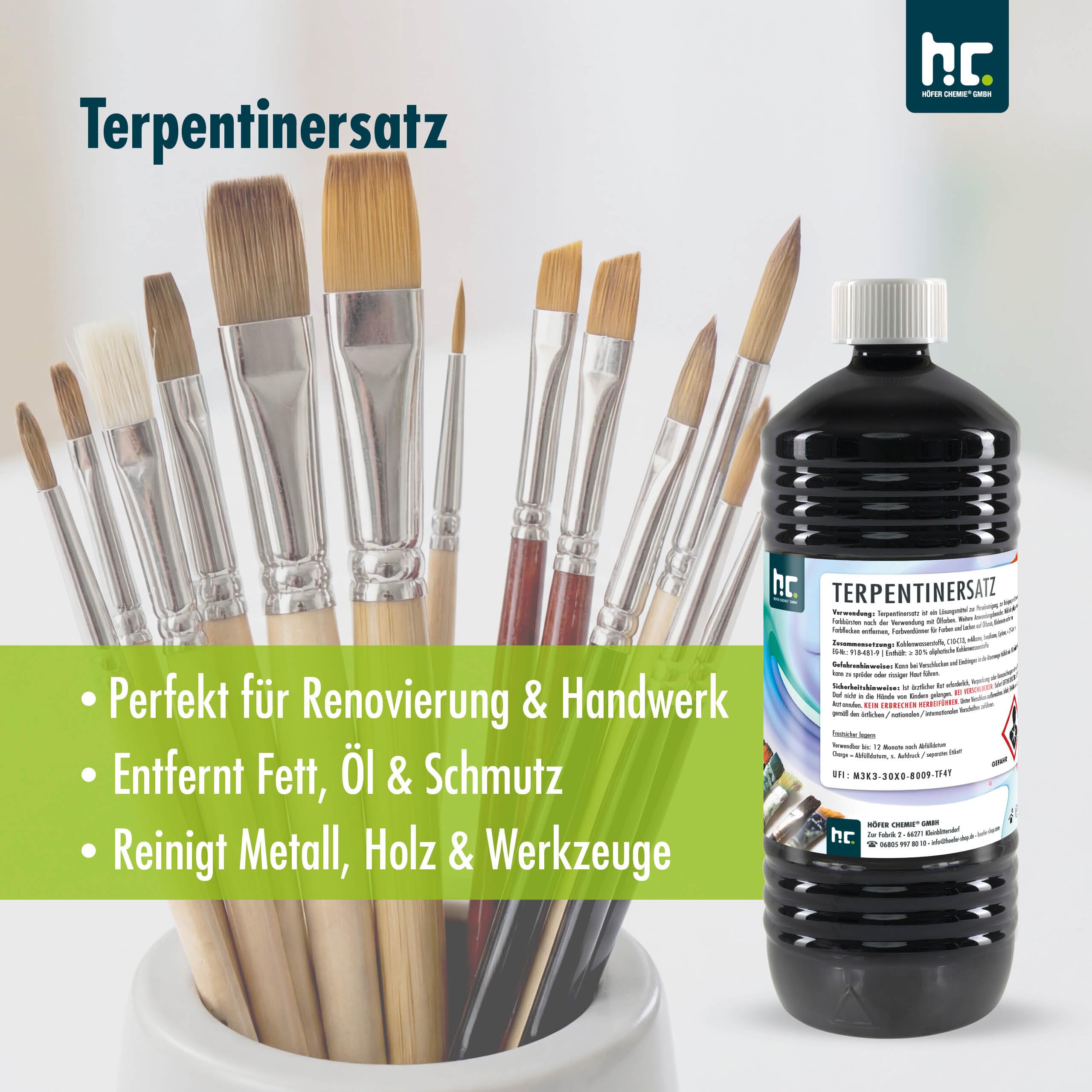 Höfer Chemie Terpentin-Ersatz 15 x 1 L – Universal Lösungsmittel zur Reinigung von Pinseln, Farbrollen & Bürsten, Entfernt Farbflecken, Harz & Kleberückstände