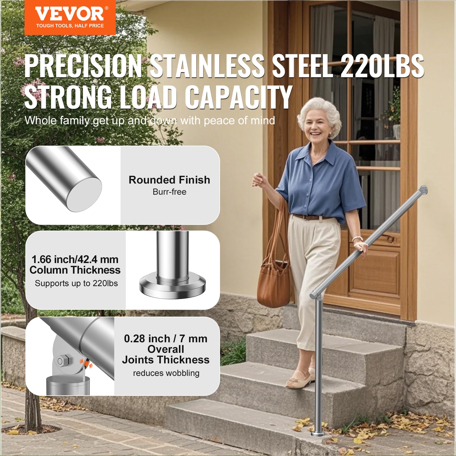 VEVOR Barandilla de Escalera 100 cm Pasamanos de Escalera para Escalones Exteriores de Acero Inoxidable Montaje en Pared y Suelo con Kit de Instalación para Personas Mayores, Porche, Terraza, Plata