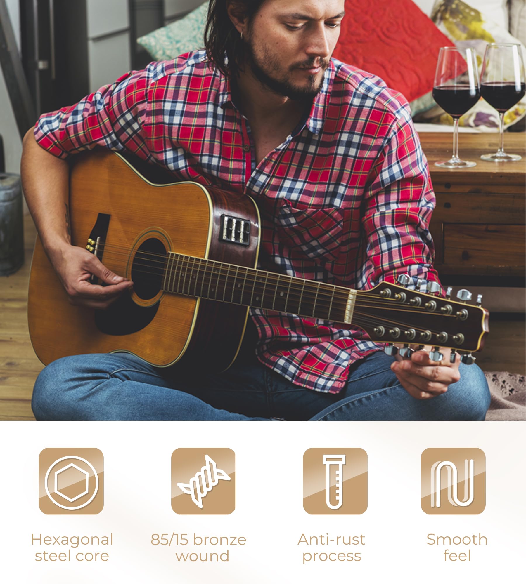 Cuerdas acústicas de 12 cuerdas, embalaje sellado al vacío de larga duración, cuerdas de guitarra para acústico juego de 12 cuerdas, bronce recubierto 85/15, extremos de bola de latón duradero,