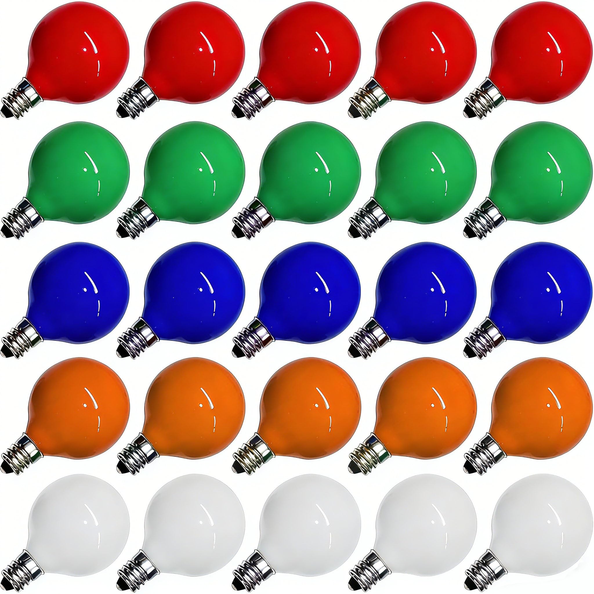 Abeja 25 Pack G40 Multicolor Ceramic Bulbs, G40 Globe Christmas Replacement Bulbs for Outdoor Patio String Lights, Vintage Round Christmas Light Bulbs, E12/C7 Candelabra Base, 5 Watt