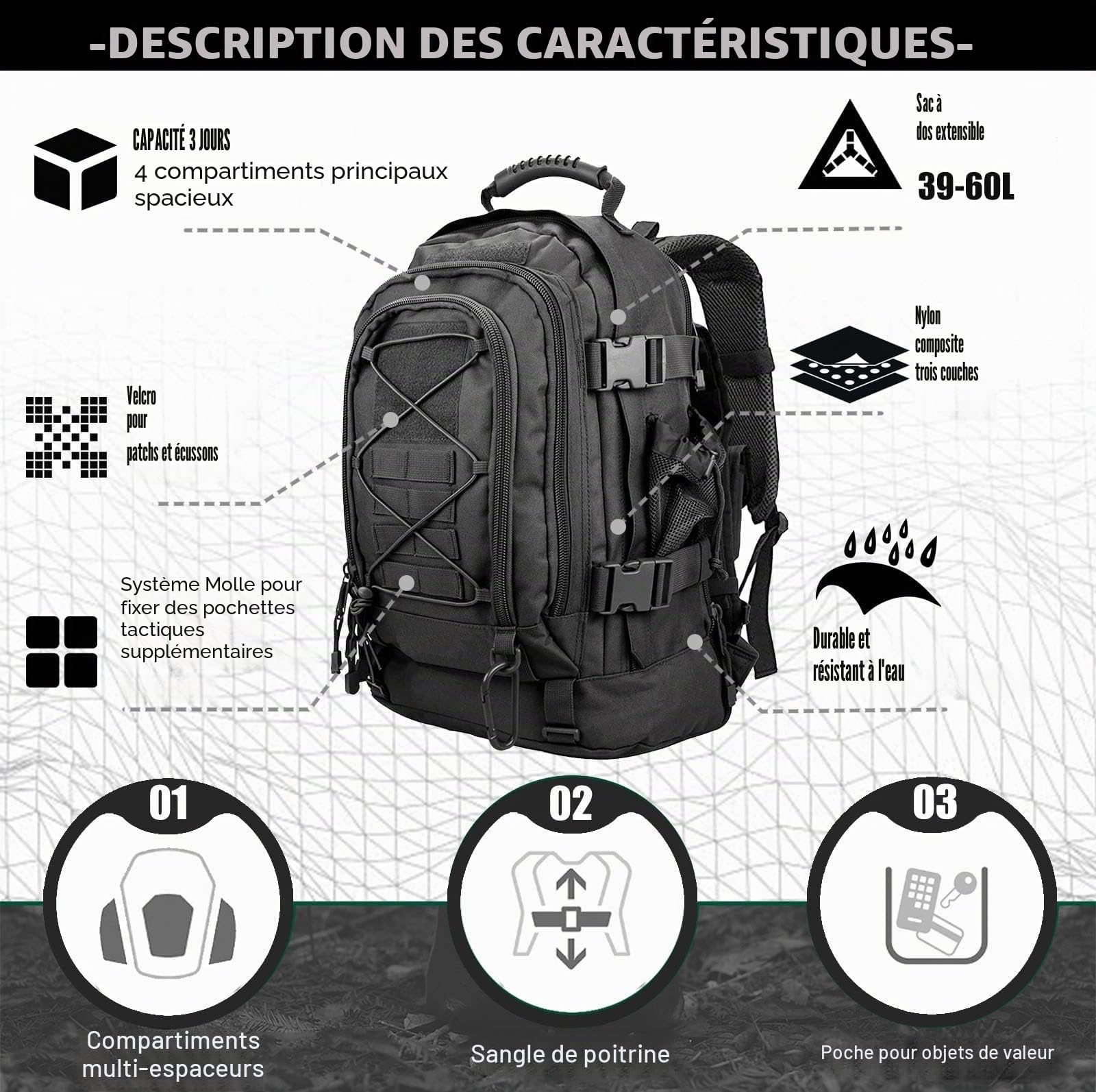 Miramrax Sac à dos tactique militaire – Sac à dos d'assaut pour homme – Sac à dos Molle - Sac à dos de 3 jours pour la randonnée