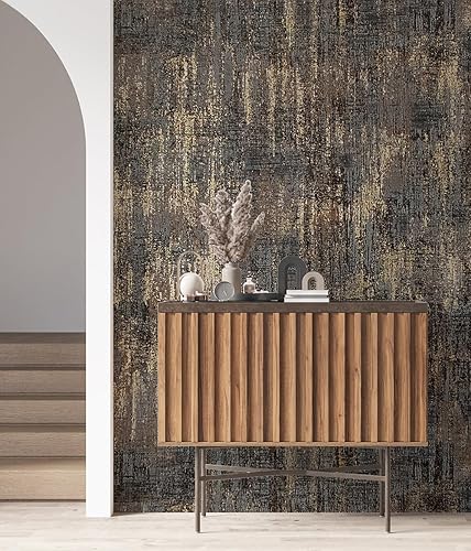 Miniatura 2 de AM1NAH Papel tapiz metálico texturizado de 20.8 x 786.0 pulgadas, papel de pared tradicional envejecido industrial dorado negro