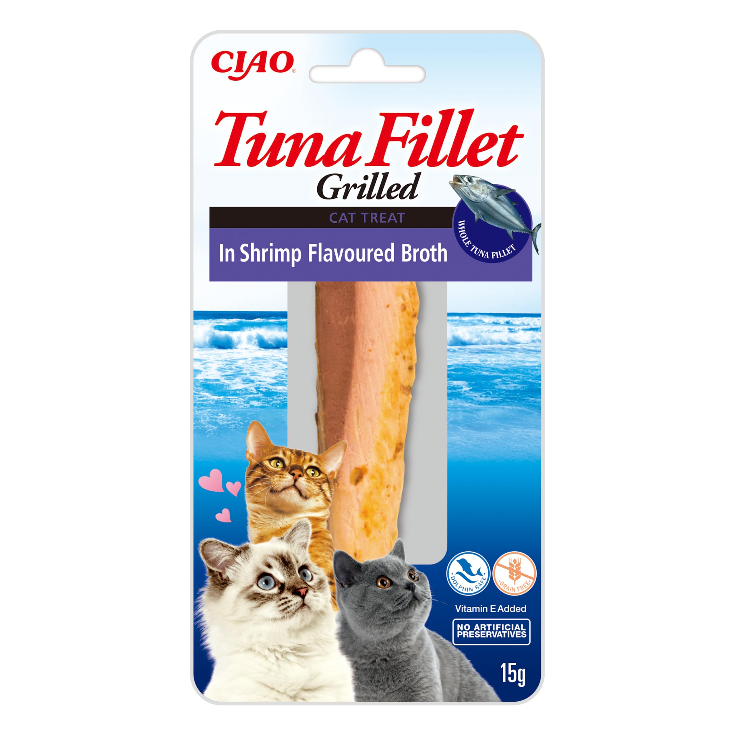 INABA Tuna Fillet Grilled - Friandises pour Chats en Filet de Thon - Bouillon Aromatisé à la Crevette - Snack pour Félins Grillé et Riche en Antioxydants - 1 Filet de 15g
