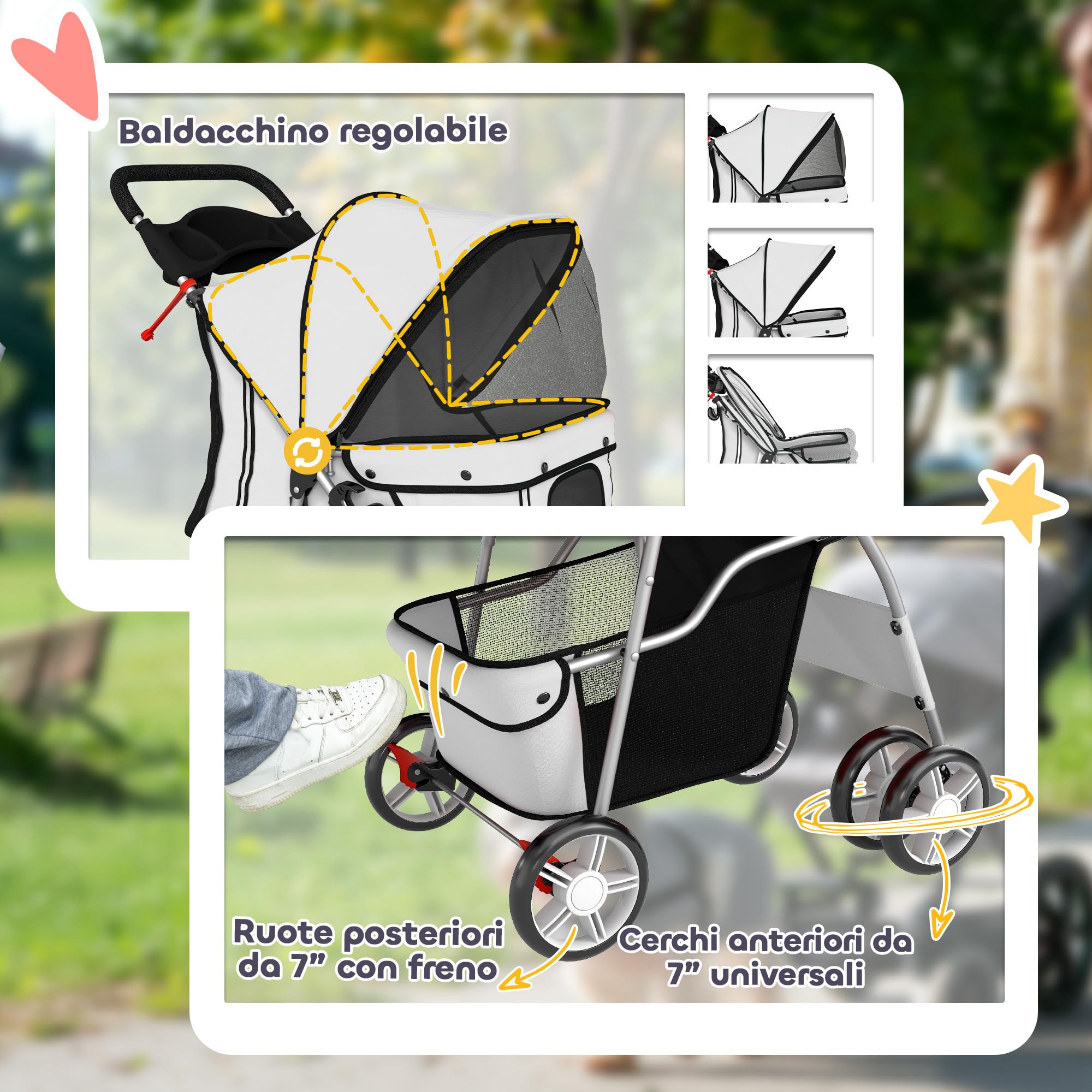 PawHut Passeggino per Cani Pieghevole, Carrozzina per Animali con Copertura Antipioggia, Catarifrangenti, Ruote Girevoli a 360°, Freni e Cuscino Lavabile, Grigio