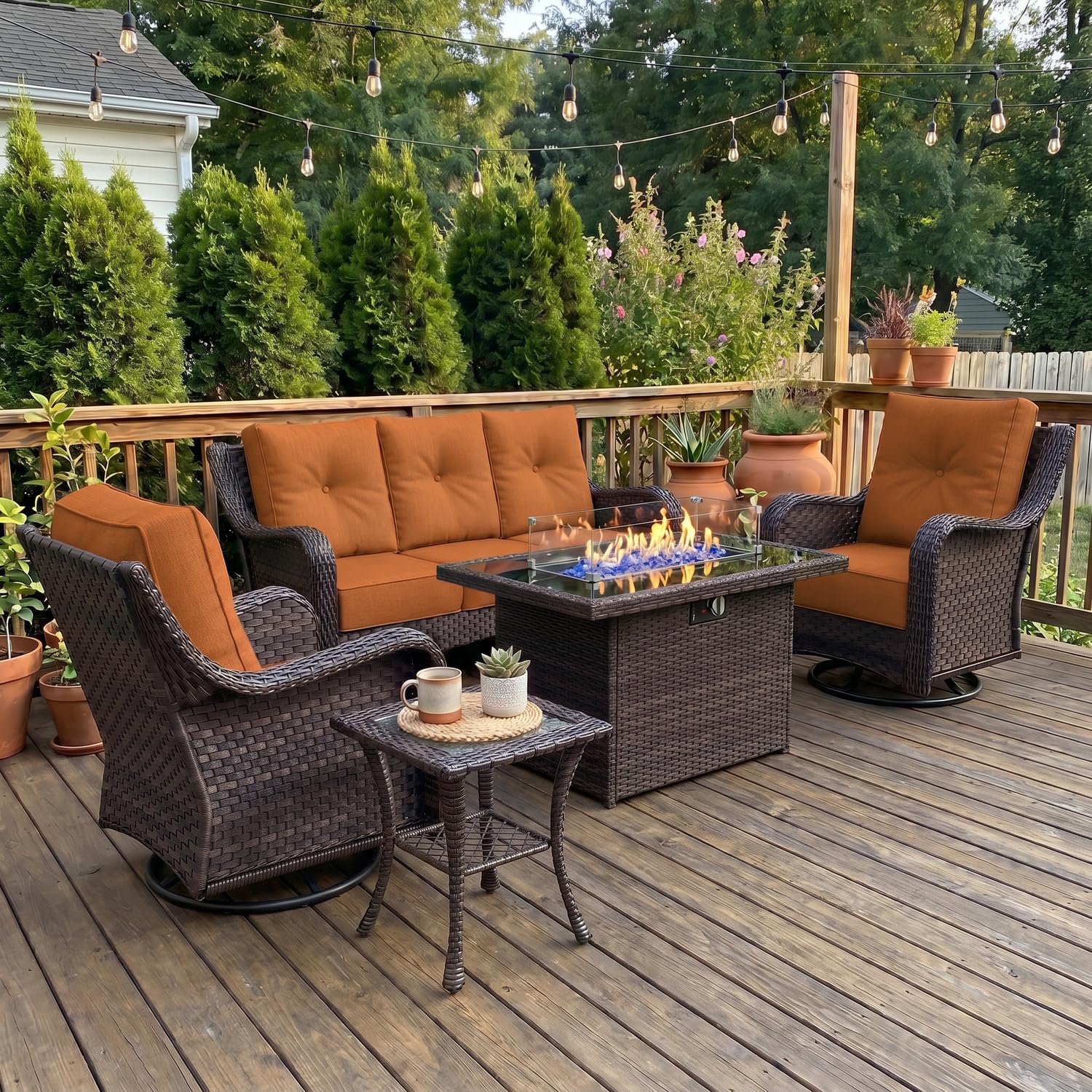 LayinSun 5 Piece Wicker Outdoor Furniture Set with 6-inch Comfy Cushions