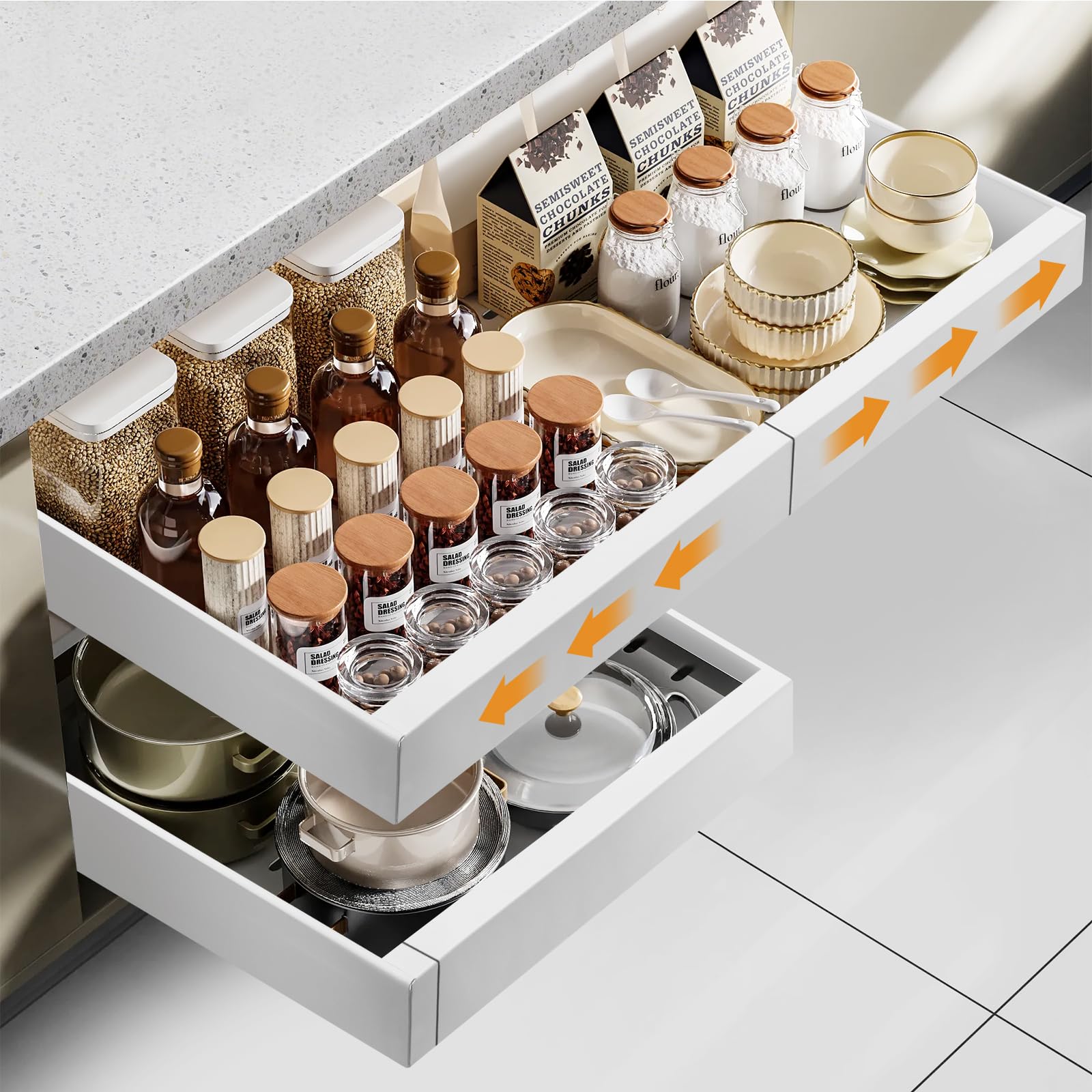 Cozary Cassetti Estraibili Telescopici, Organizer Cucina Cassetti con Adesivo, Larghezza Regolabile (32-55cm A X 42cm P X 7.5cm H), Acciaio al Carbonio, Cassetto Estraibile Cucina per Armadio