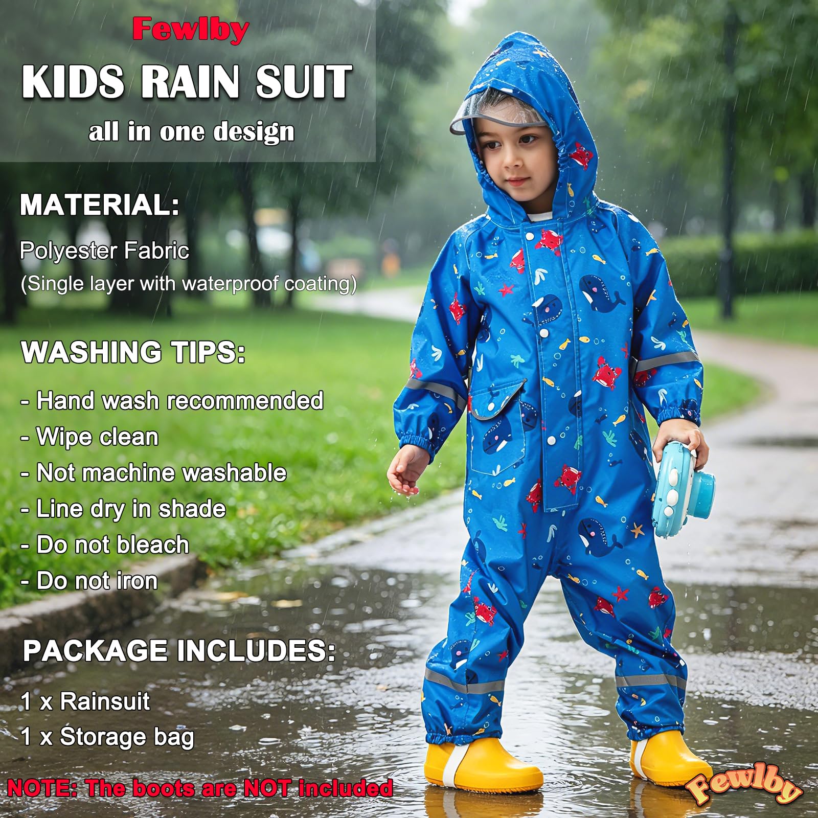 Fewlby Tuta Impermeabile Bambino, Tuta Pioggia Bambini Giacche Impermeabili Poncho Antipioggia con Cappuccio Ragazze Ragazzi Giacche da Pioggia in Cartone Animato per 1-10 Anni