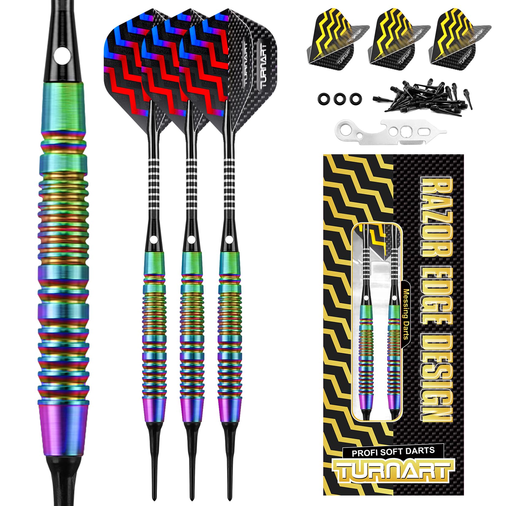 Turnart Dartpfeile mit Kunststoffspitze,18g Brass Softdarts,dartpfeile Profi für Elektronische Dartscheibe,Dart Set mit 30pcs Dartpfeil Spitzen 6 Flights 6 Flügen 1 Werkzeug und 3 O-Ringe