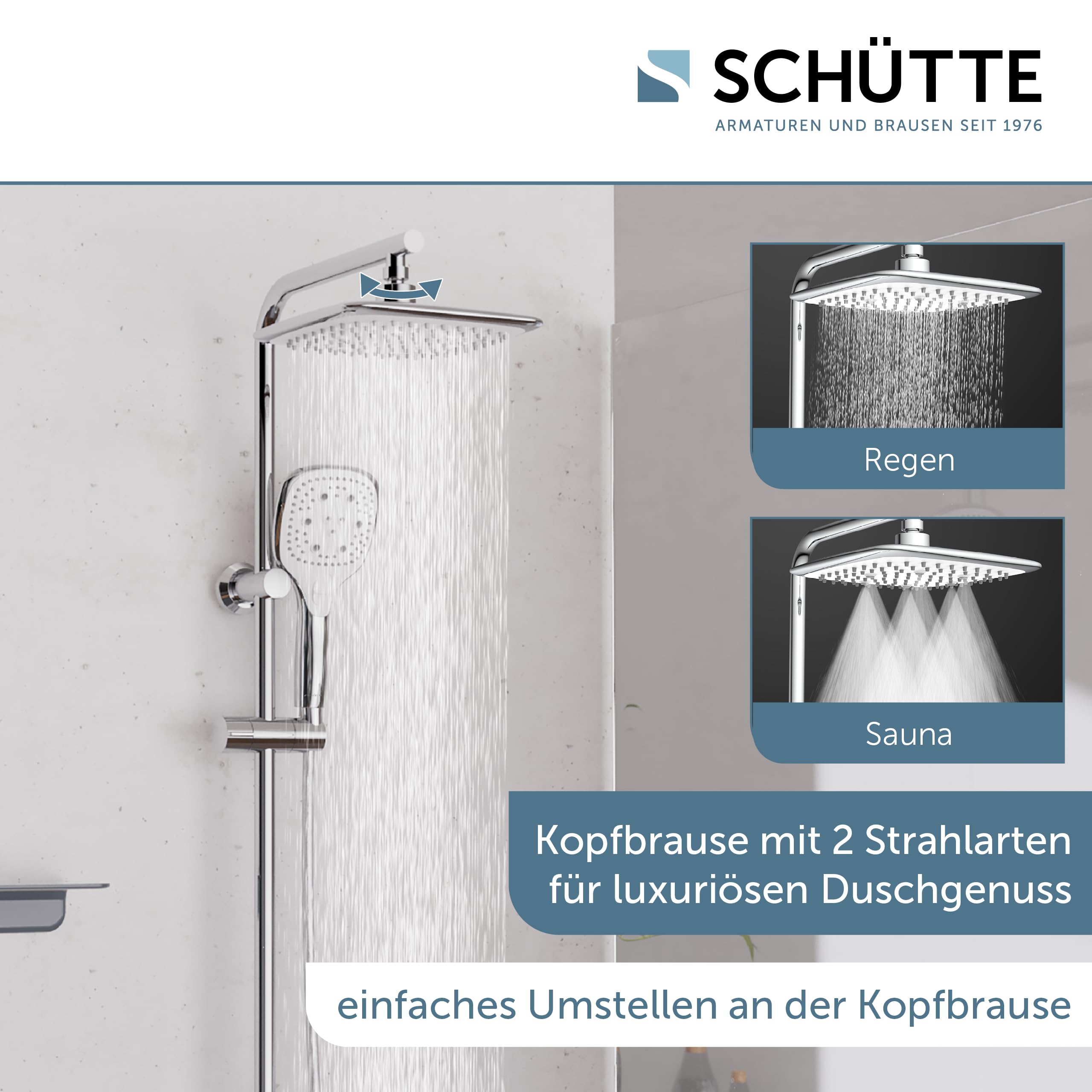 Schütte Duschset MADEIRA Duschsäule mit großer verstellbarer Regendusche, Handbrause mit 3 Strahlarten, Duschsystem ohne Armatur, Chrom