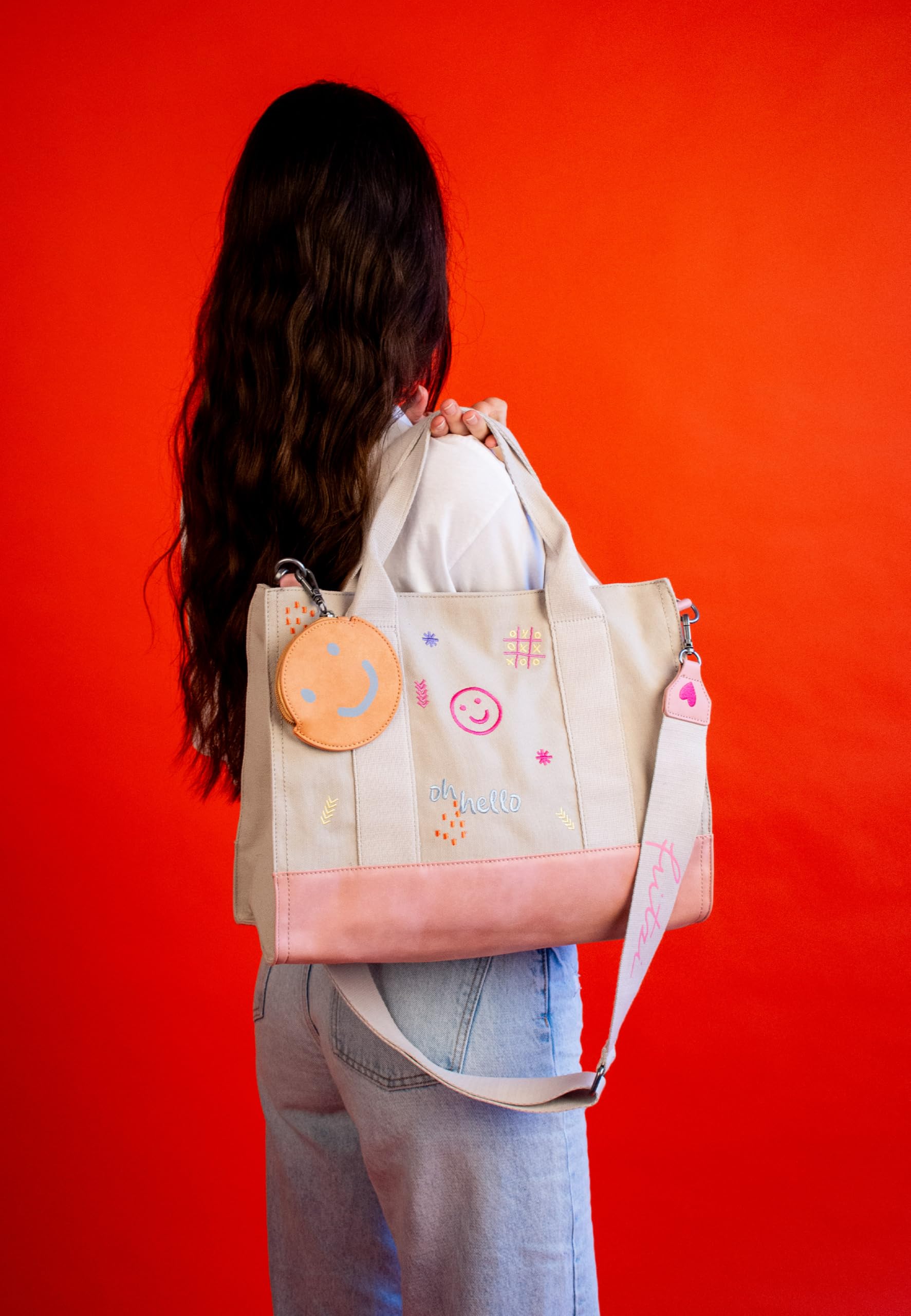Fritzi Tote Bag Limited Embro Fun Shopper Canvas Damen Handtasche Stickerei Festival City Pocket Webbing-Gurt 29,5 x 40 x 14 cm - Anthrazit, Sand