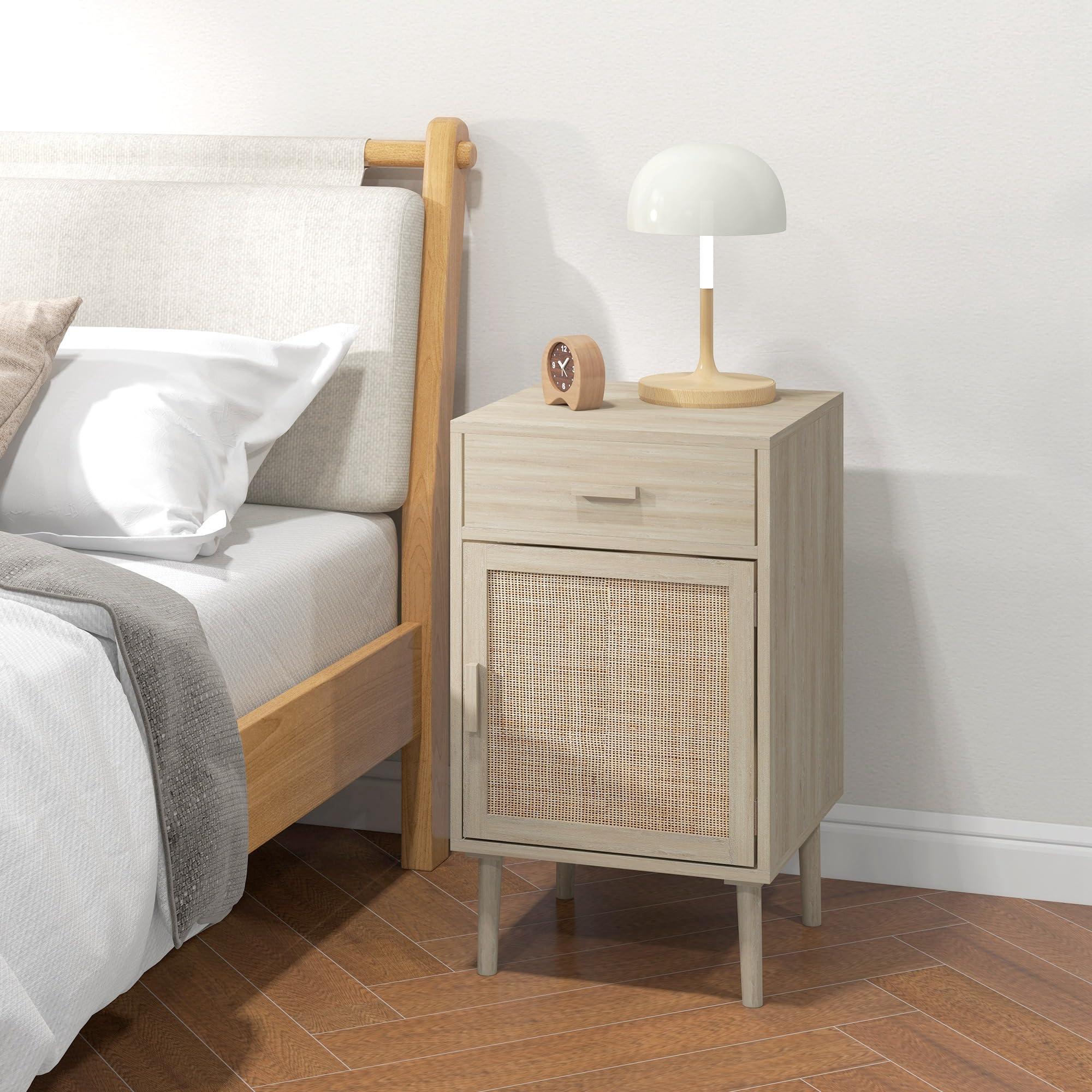 HOMCOM Juego de 2 Mesitas de Noche con Cajón de Ratán 40x40x68,5 cm Roble | Mesillas de Noche, Mesitas Auxiliares, Estante Ajustable, Pack de 2, Dormitorio, Salón