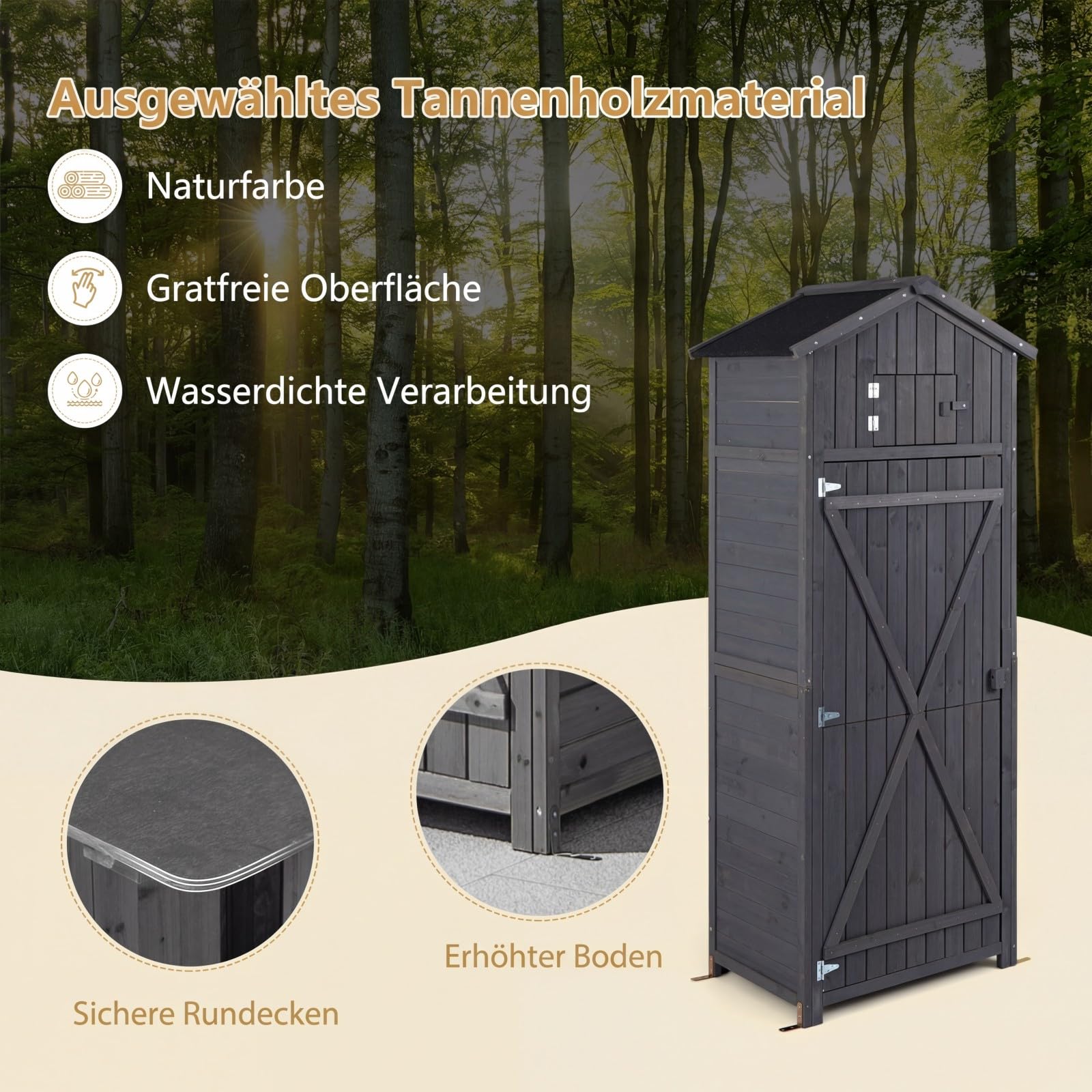 RELAX4LIFE Gerätehaus Holz, 75 x 50 x 180,5 cm, Gartenschrank mit Satteldach, Geräteschrank mit 8 Haken & 3 Regalen & Faltbarem Tisch & Oberem Fach, Gartenhaus Wetterfest für Außenbereich (Grau)
