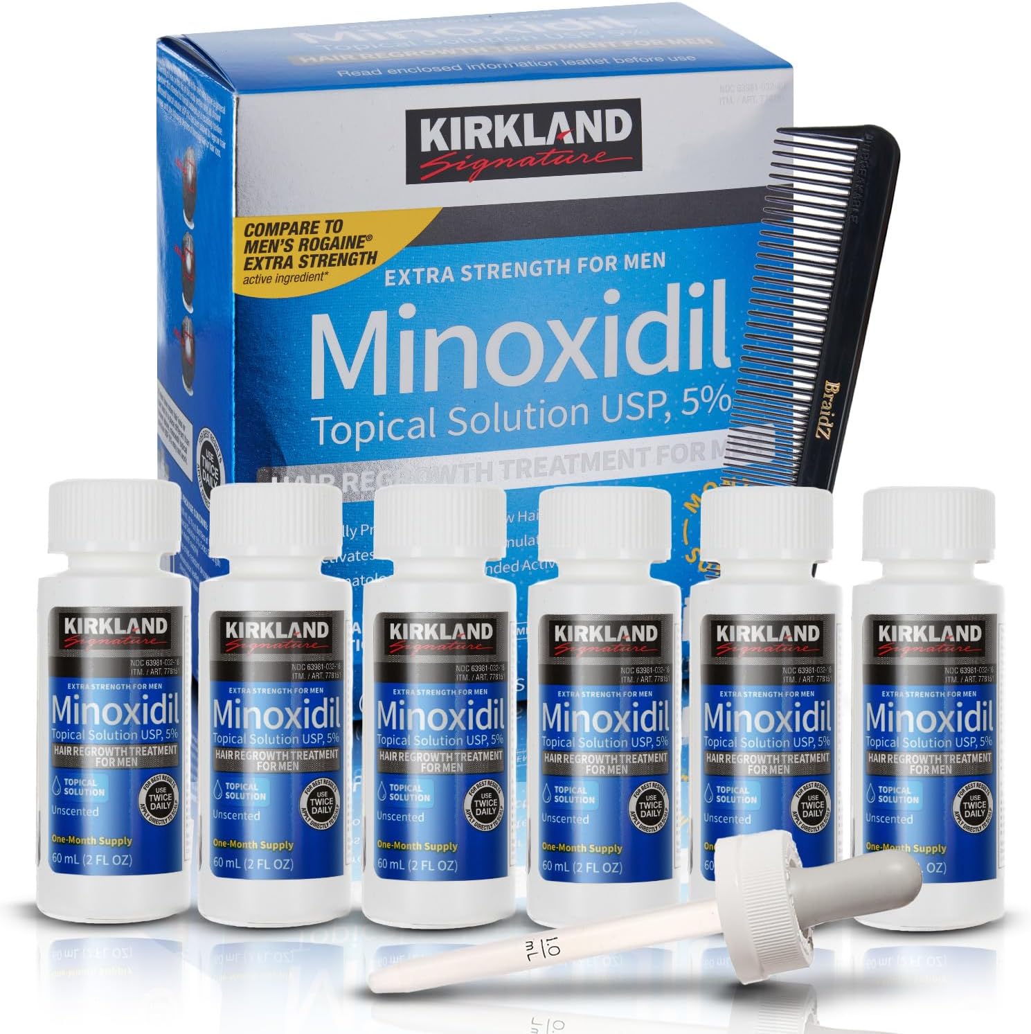 Minoxidil For Men 5% Topical Solution For Hair Regrowth Treatment 12 Month Supply 6 X 2 Fl Oz With A Braidz Comb for Kirkland Minoxidil
