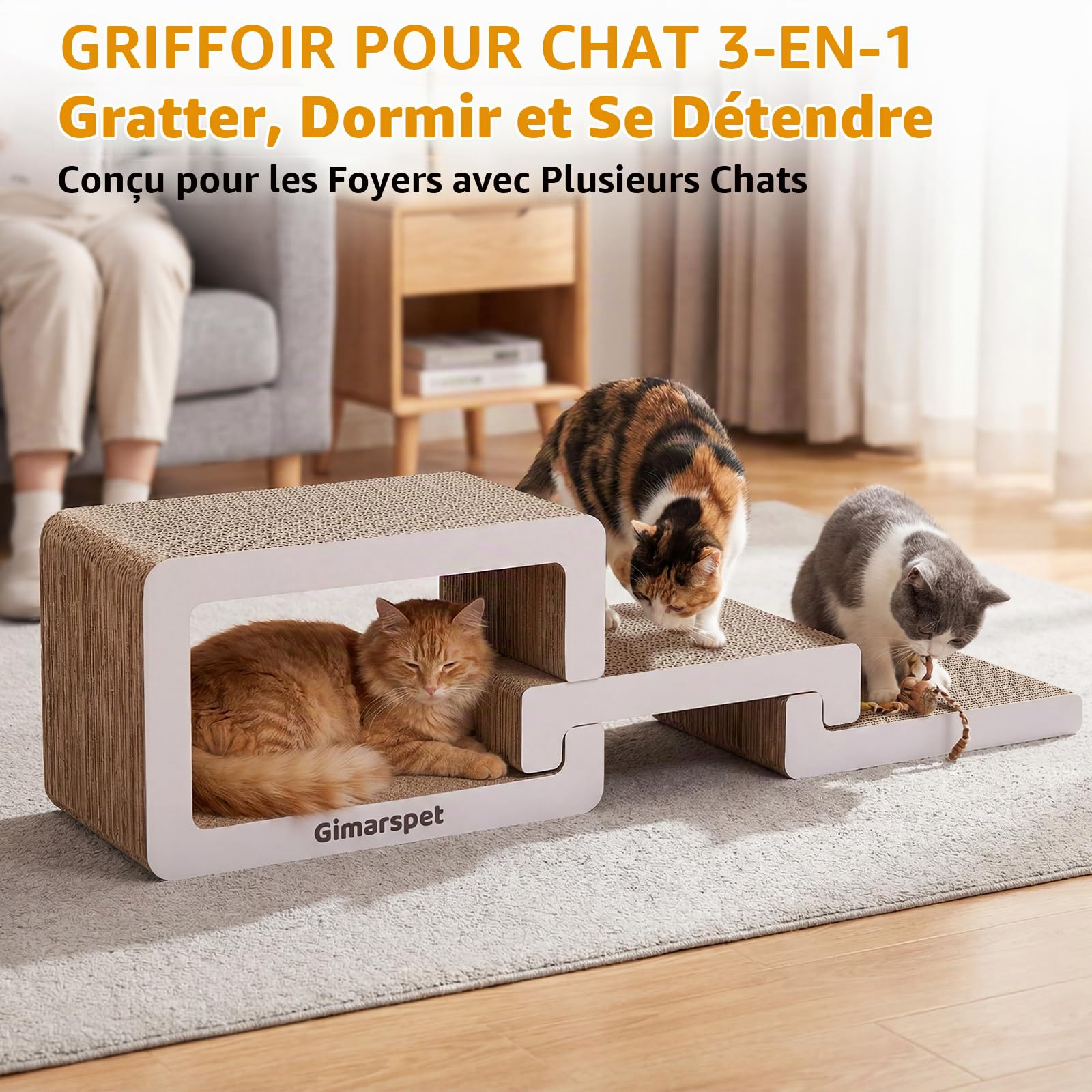 Gimars 75cm Griffoir pour Chat 3 en 1 XXL, Meuble Griffoir Chat Carton Élégant pour Foyer Multi-Chats, Design Vague Moderne, Imbriquable & Gain de Place Lounge