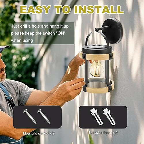 Miniatura 5 de Faroles solares de pared impermeables para exteriores, luz de porche frontal, luz solar de pared con pantalla LED cálida de cristal, lámpara de