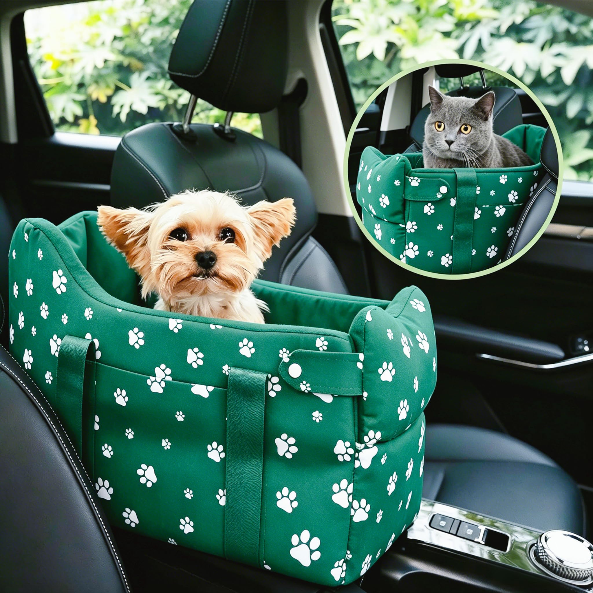Center Console Dog Car Seat Safe Travel for Small Dogs Under 15 lbs | Detachable Washable Pet Carrier with Storage Pockets & Safety Leash Wilderness Green