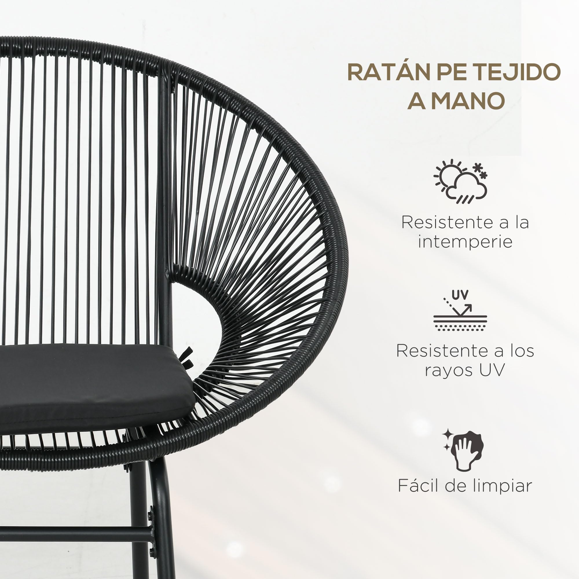 Outsunny Silla Acapulco de 2 Plazas Sofá Acapulco Silla de Jardín con Cojines Reposabrazos y Marco de Acero Carga 260 kg para Terraza Balcón Patio 132x72x83 cm Negro