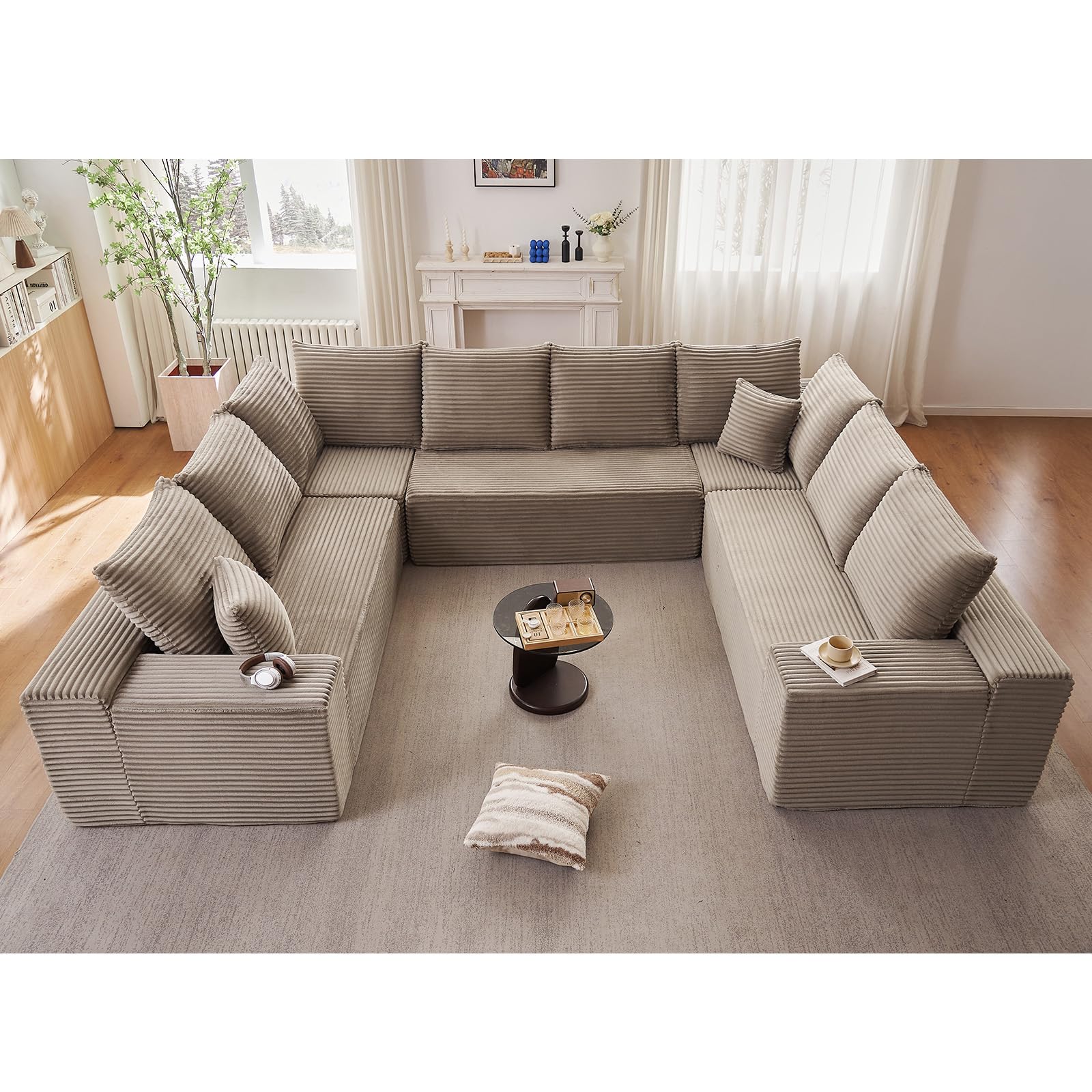 Sectional Cloud Couch for Living Room, Big Comfy Corduroy Couches Set with Fluffy Memory Foam, Modular Floor Deep-Seat Sofa, Stupendous U Shaped Sofas with 12 Pillows, No Assembly Required, Camel