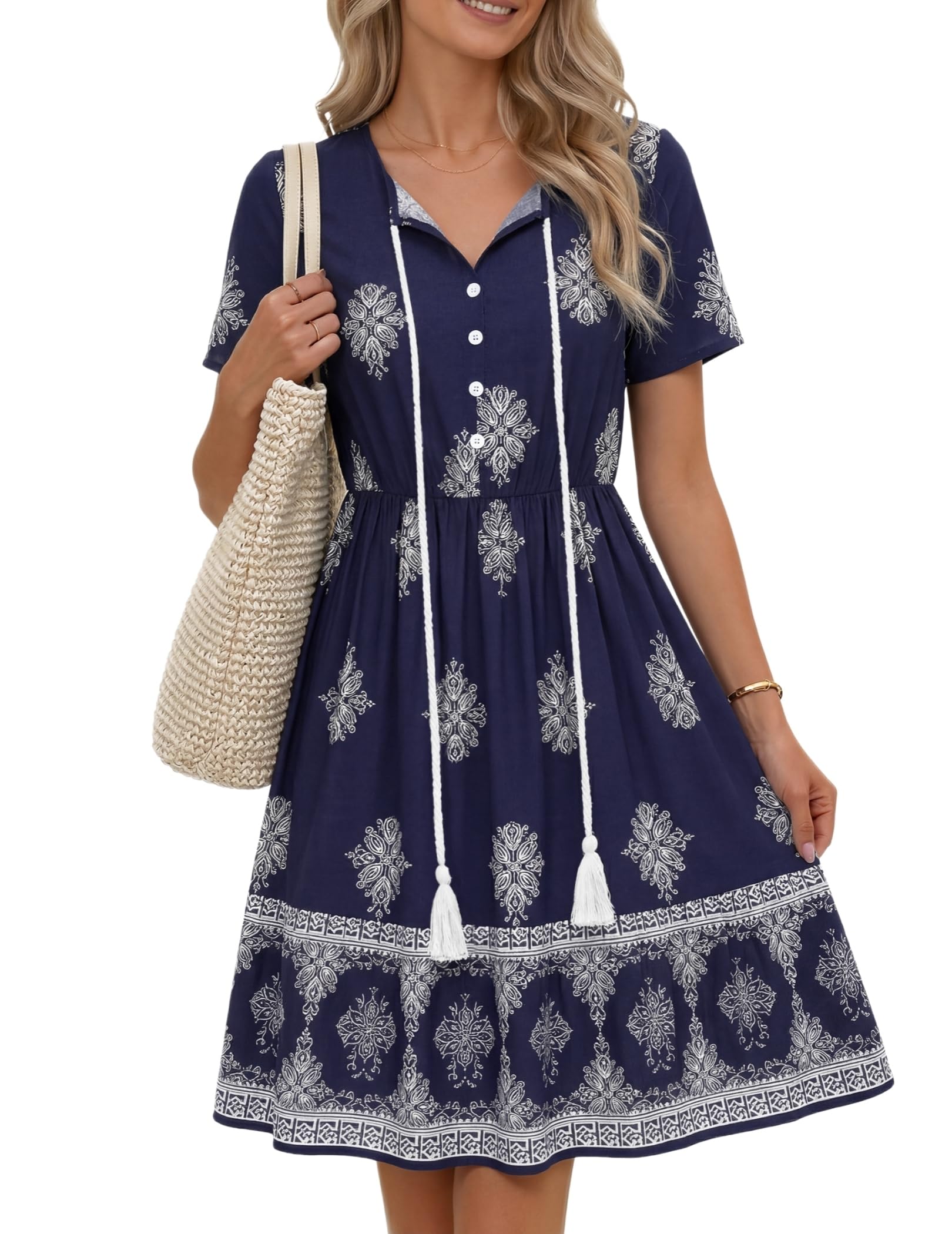 Zeagoo Strandkleid Damen Boho Sommerkleid Midi Tunikakleider Kleid Blumen V-Ausschnitt A Linie Kurzarm Lockeres Elegante Elastische Taille Vintage Freizeitkleid