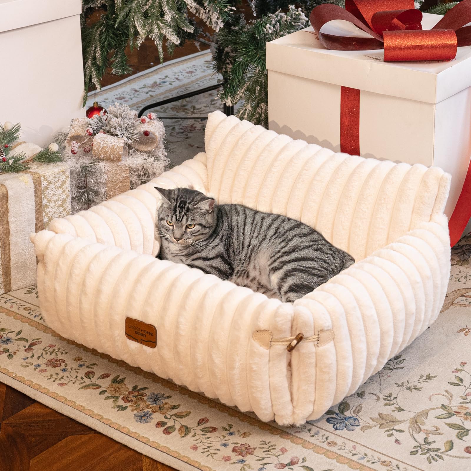 CheerPals Extended Katze Sofa – 63 L × 55–66 B cm Weiches, Flauschiges Großes Katzenbett, Hundesofa für Katzen und Kleine Hunde mit Waschbarem, Abnehmbarem Bezug und Rutschfester Unterseite