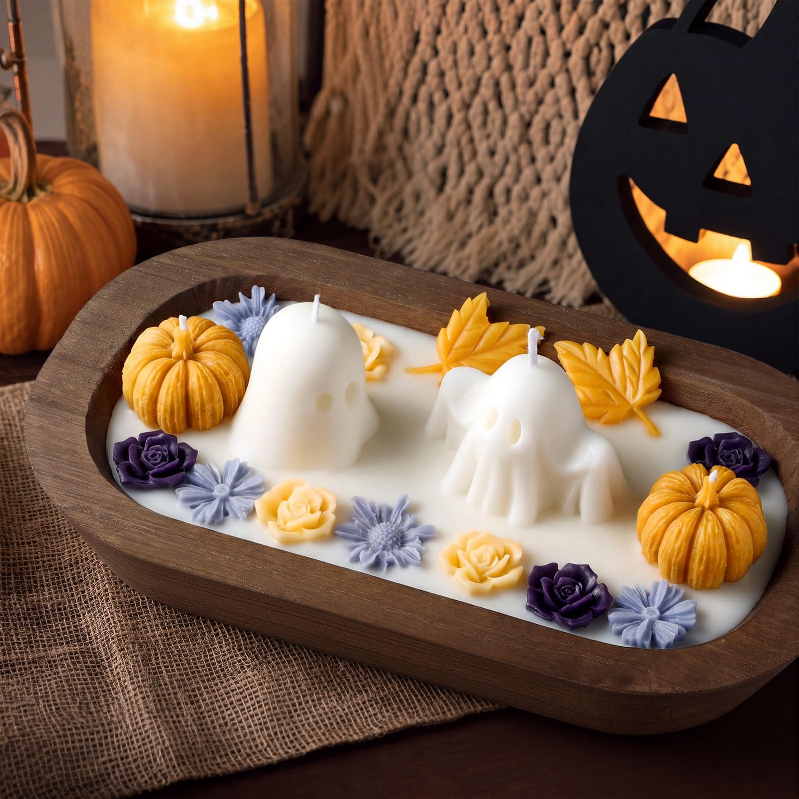 Siifert Vela de madera para Halloween con forma de cuenco de masa de fantasma, 3 mechas perfumadas con 100% cera de soja, decoraciones navideñas, decoración espeluznante de habitación