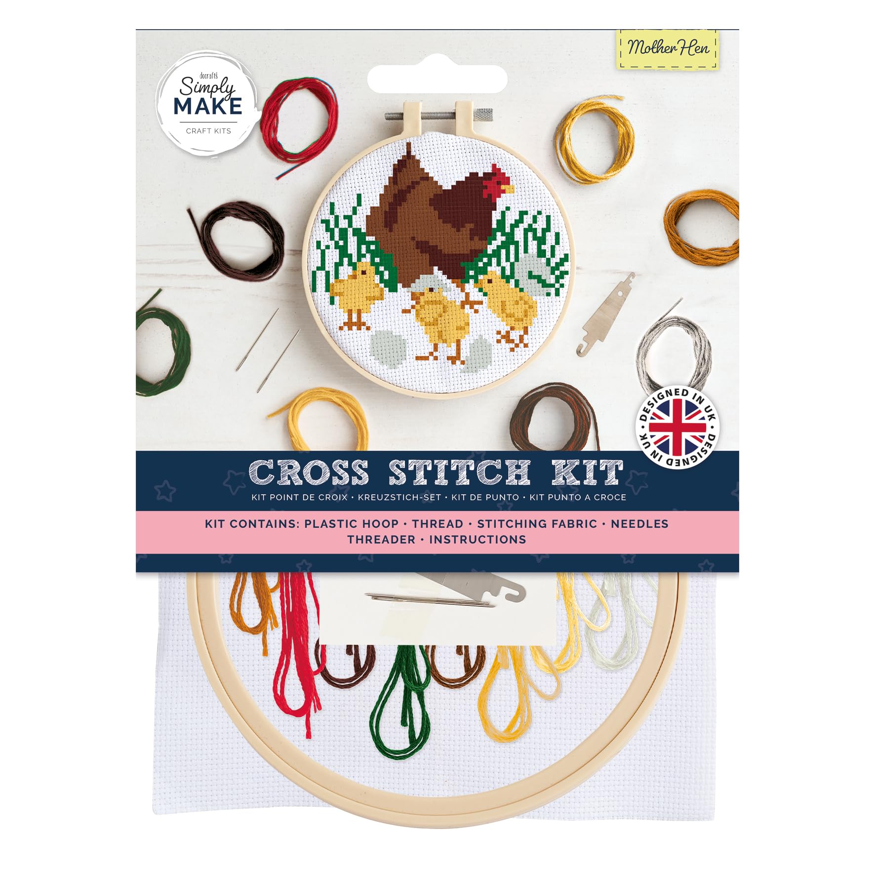 Simply Make Cross Stitch Kit, Mother Hen, Multicoloured, Single Craft Kit, Adults, Sewing Kit and Embroidery Kit for Home Crafts, Embroidery Threads Included