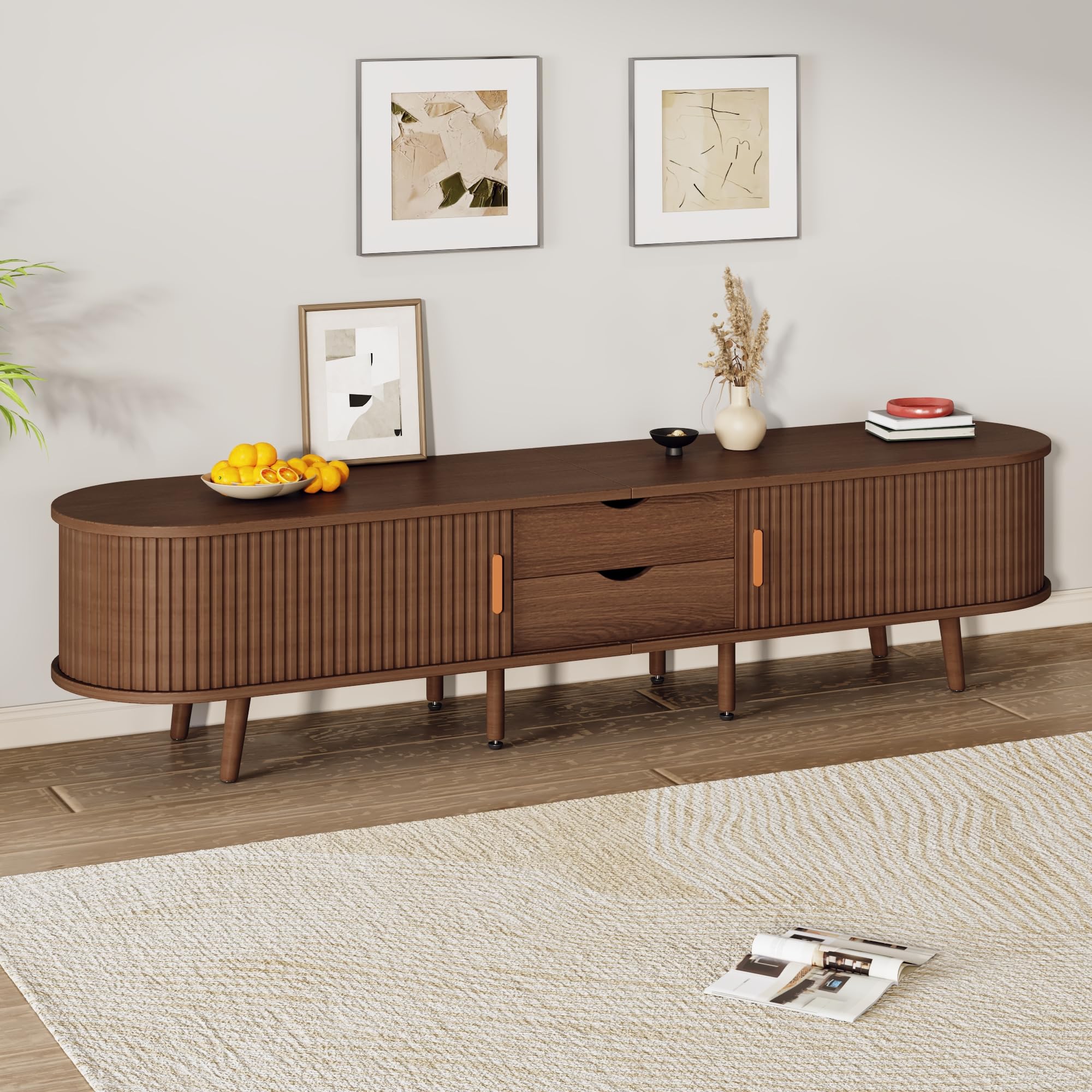 Armario de TV de salón con espacio de almacenamiento y tablero redondo de madera de densidad media con 2 cajones, apto para 175 x 40 x 42 cm