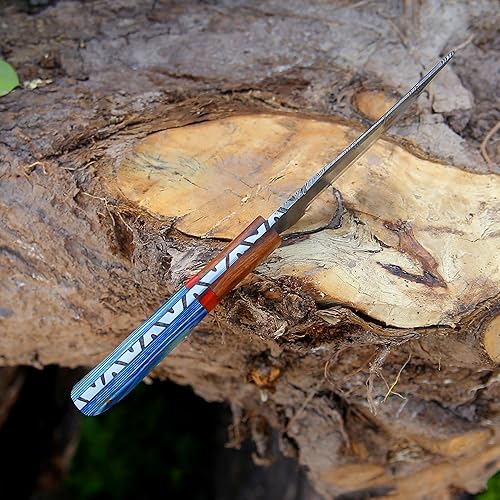 Miniatura 4 de HUNTING HUNTS Cuchillo de hoja fija de acero de Damasco forjado a mano para cazardesollar y acampar con funda de cuero genuino - azul (HH-HK-BLU-004)