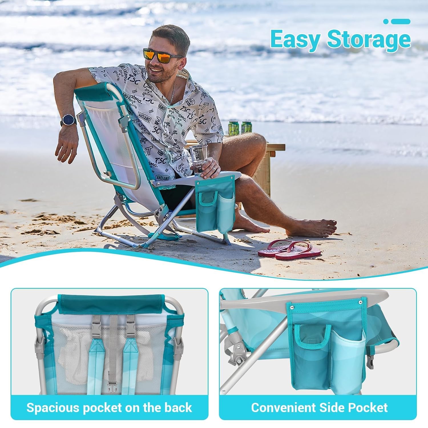 #WEJOY 4-Position Adjustable Beach Chair for Adults Set of 1/2, Folding Low Beach Chair Aluminum Lightweight & Portable, High Back Pillow Pocket Outdoor Garden Reclining Camping... - Image 6