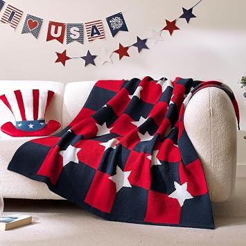 Amélie Home Patriotic Ultra Soft Knit Chenille Throw Blanket - Red White Blue Stars American Flag Pattern Cozy Blankets for Couch, 4th of July Memorial Independence Day Gifts, 50"x60", Red&...