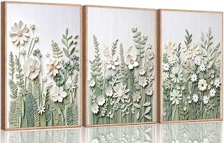 3 Pcs Sage Green Wildflowers Canvas Wall Art Neutral Minimalist Abstract Boho Floral Botanical Painting Pictures Wall Decor Poster Print Artwork for Living Room Bedroom Home Decoration Unframed