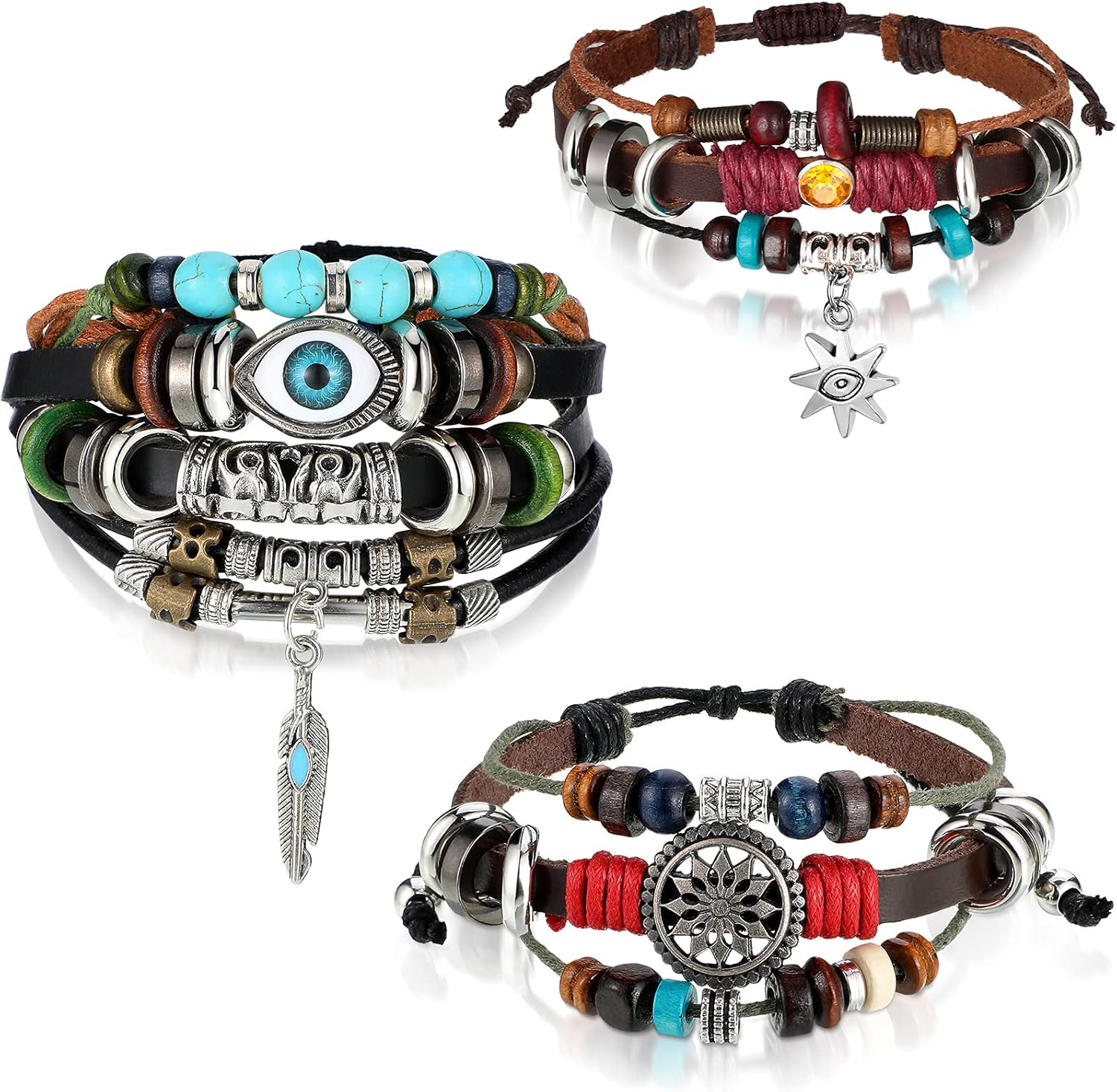 Hicarer 3 Pieces Multilayer Woven Leather Bracelets Western Bracelets Gifts for Women Beaded Bohemia Bracelet Evil Eye Boho Handmade Pu Bracelet Wristbands Bracelet for Men Women