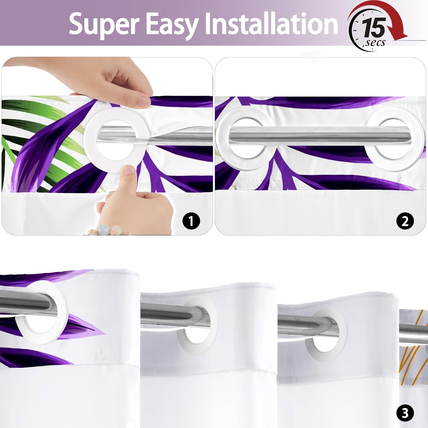 No Hook Shower Curtain with Snap in Liner, Tropical Leaf Shower Curtains and Liner Set for Bathroom, Monstera Palm Leaves Floral Fabric Bath Curtain, Waterproof Washable, Purple 71" x 74"