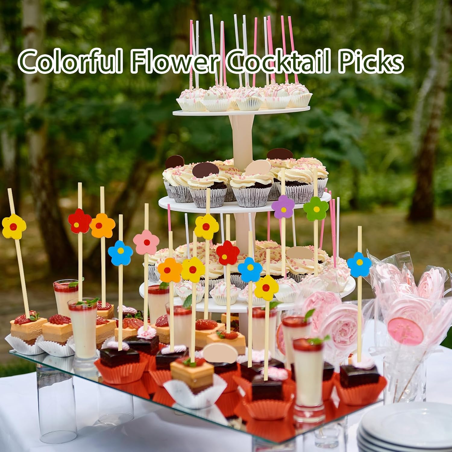 100PCS Colorful Flower Cocktail Picks 4.7 Inch, Fancy Toothpicks for Appetizers Bamboo Floral Picks Fruit Skewers for Appetizers Food Sandwiches Drinks Party Decoration (Colorful Flower)