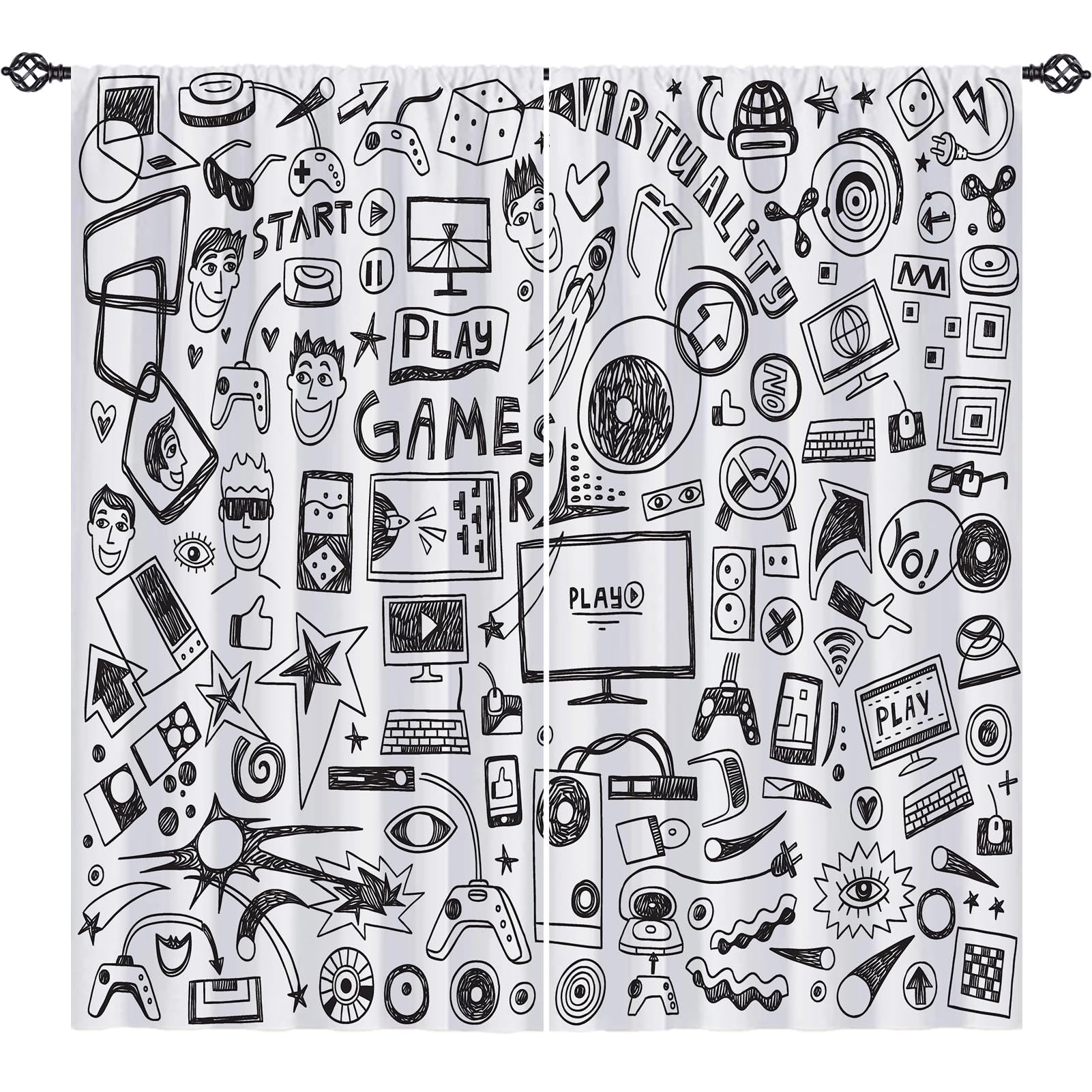 YUANZU Video Game Curtains W42 x L63 Inch Rod Pocket Kids Computer Gamepad Sports Rocket Teen 90's Print Pattern Privacy Fabric Window Drapes for Boys Girls Bedroom Nursery Baby Playroom 2 Panels