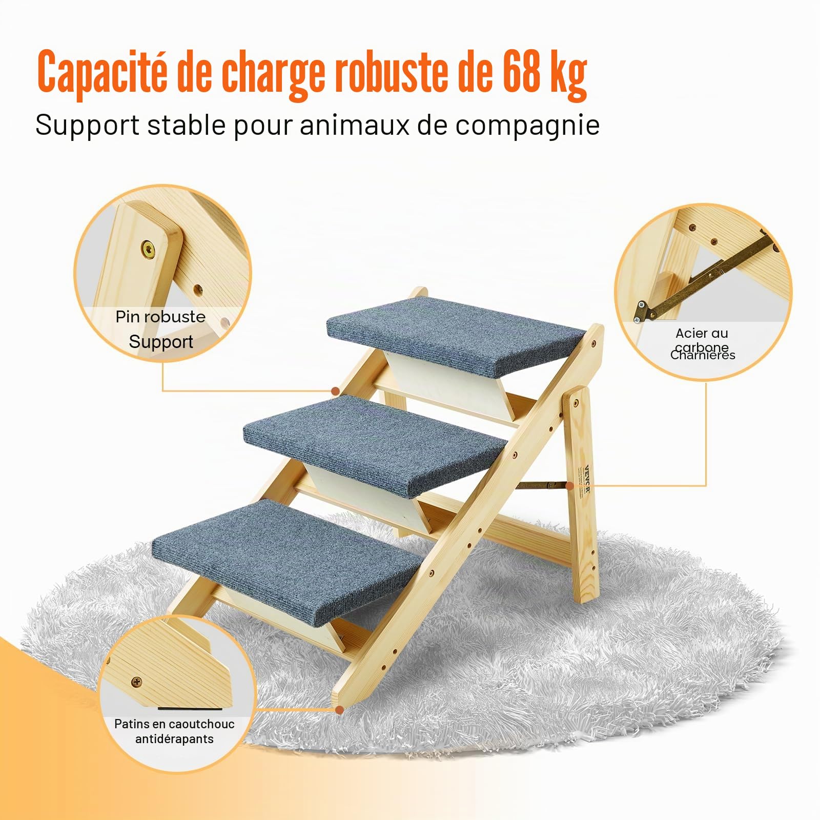 VEVOR Escalier en Bois pour Animaux de Compagnie, 3 marches, Rampe escalier Convertible 2 en 1 pour Chiens de Petites et Grandes Races, capacité Charge 68 kg, pour accès aux Lits, canapés, véhicules