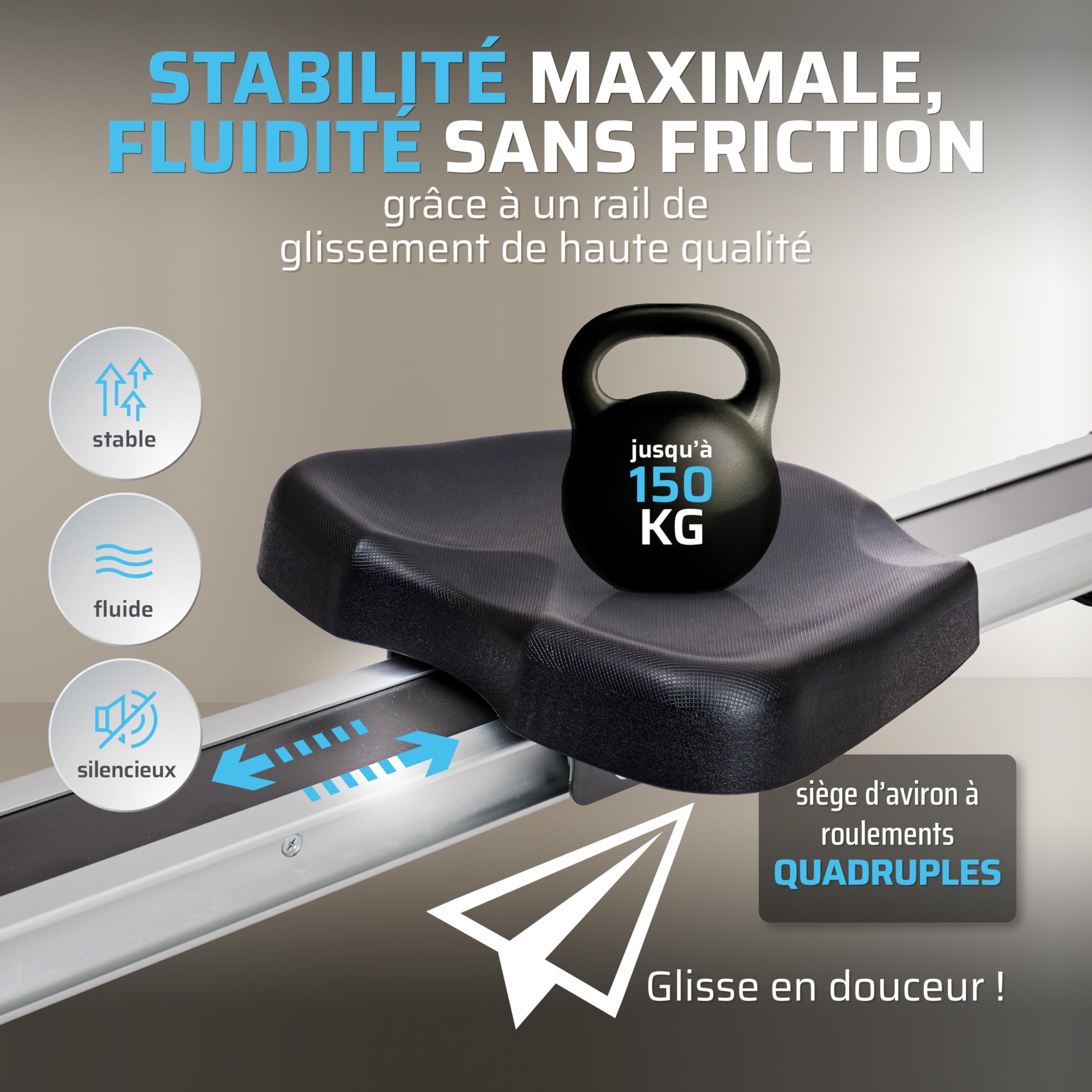 SportPlus Rameur pour la Maison Pliable - Conçu en Allemagne - Système de freinage magnétique Silencieux - 8 Niveaux de résistance, Masse d'inertie de 8 kg - Capacité Maximale 150KG