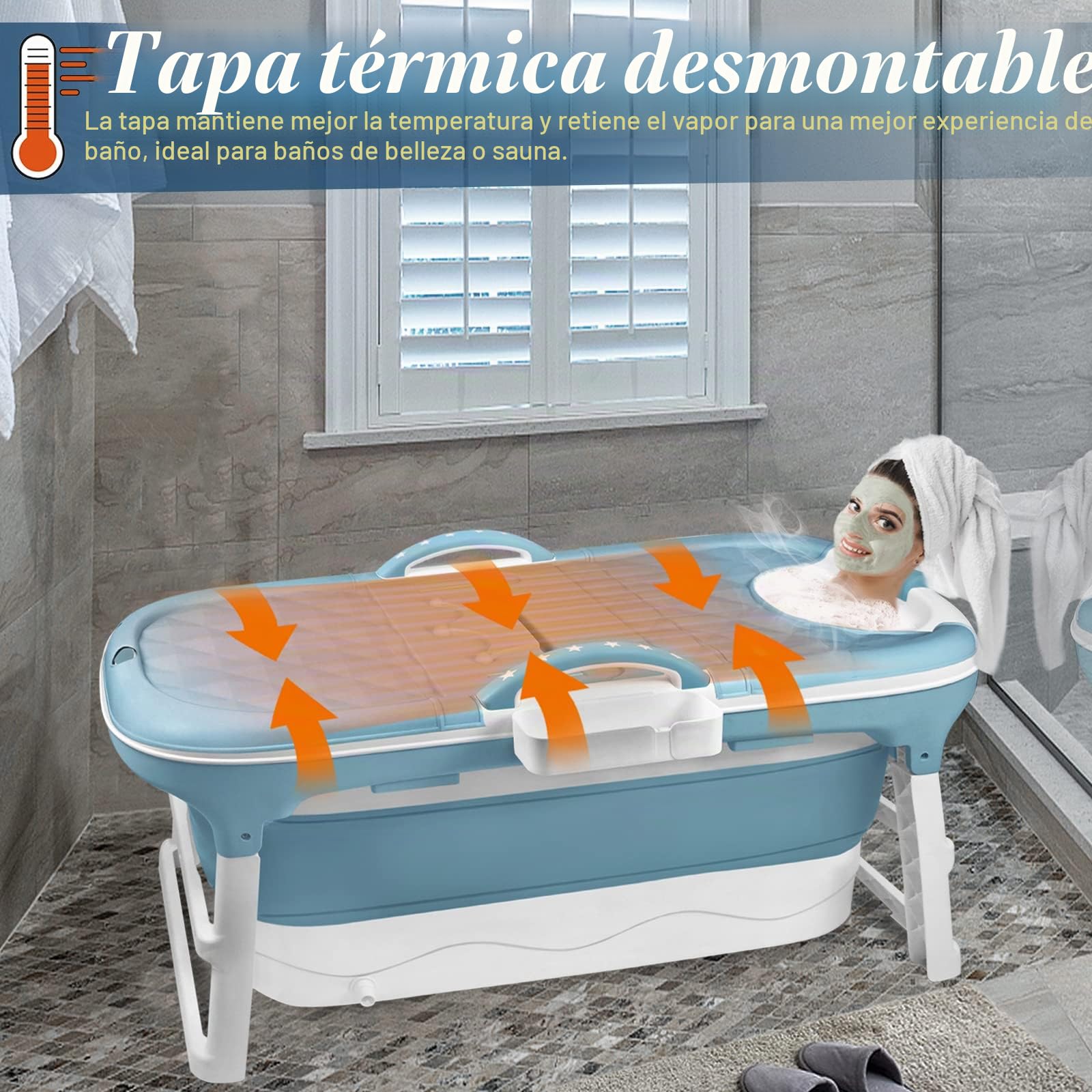 Bañera Plegable para Adultos L 118 x 62 x 53 cm, Portátil Con Tapa, Reposacabezas y Cesta de Jabón para Baño