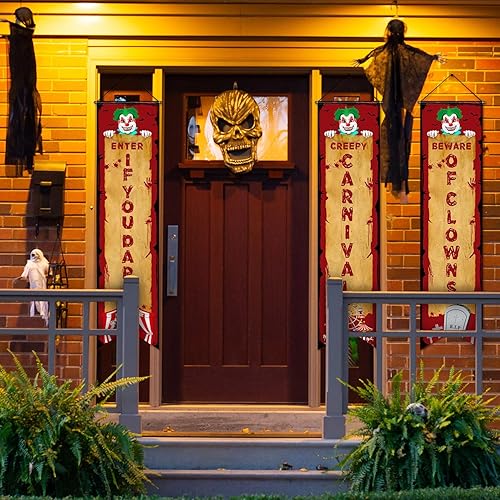 Miniatura 4 de 3 piezas de decoraciones de fiesta de carnaval para Halloween, cartel de circo malvado para porche, letrero de bienvenida espeluznante y aterrador