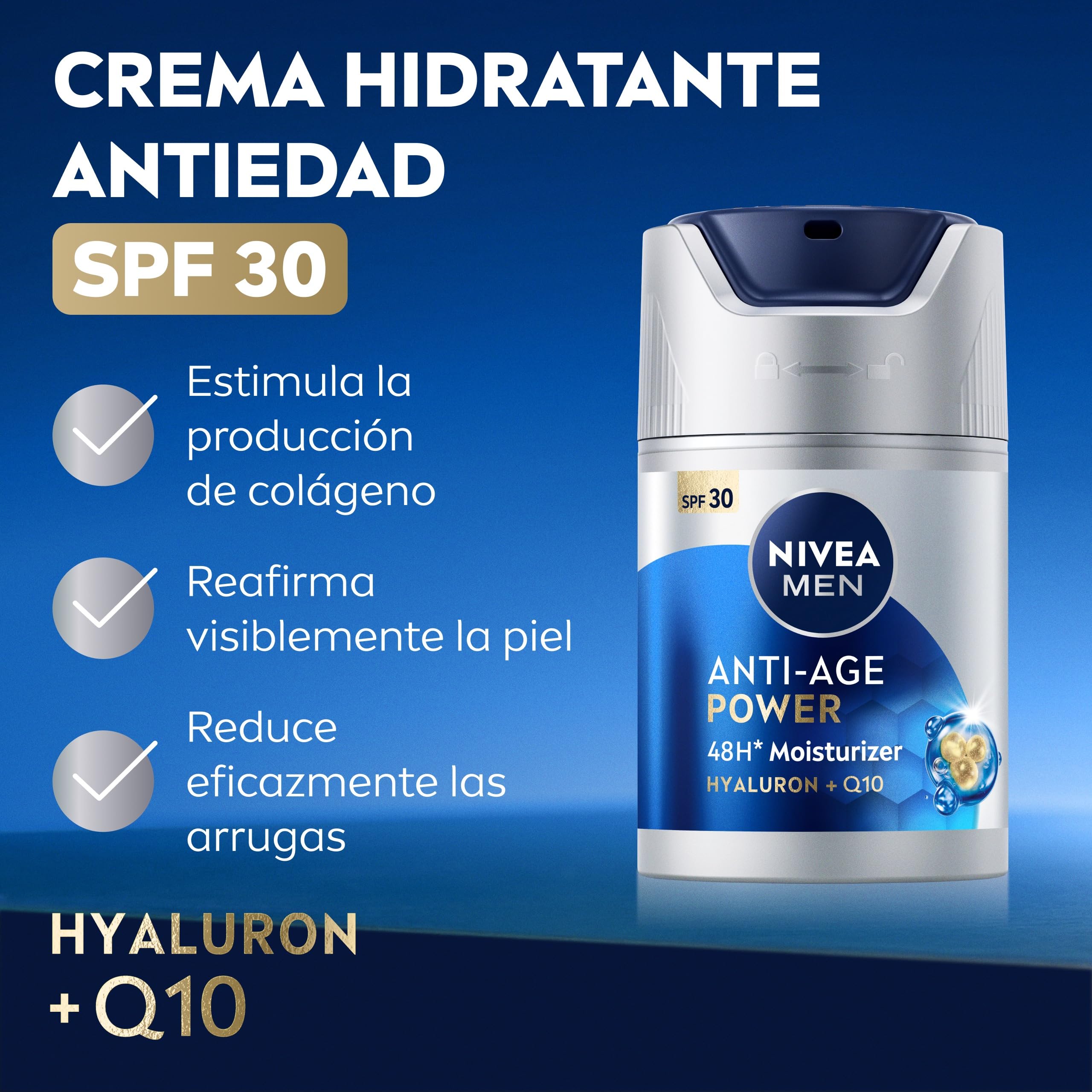 NIVEA MEN Hyaluron Crema Hidratante Antiedad FP30 50 ml - Cuidado Facial para Hombre - Ácido Hialurónico y Coenzima Q10 - Estimula la Producción de Colágeno - 48 h Hidratación - Todo Tipo de Piel