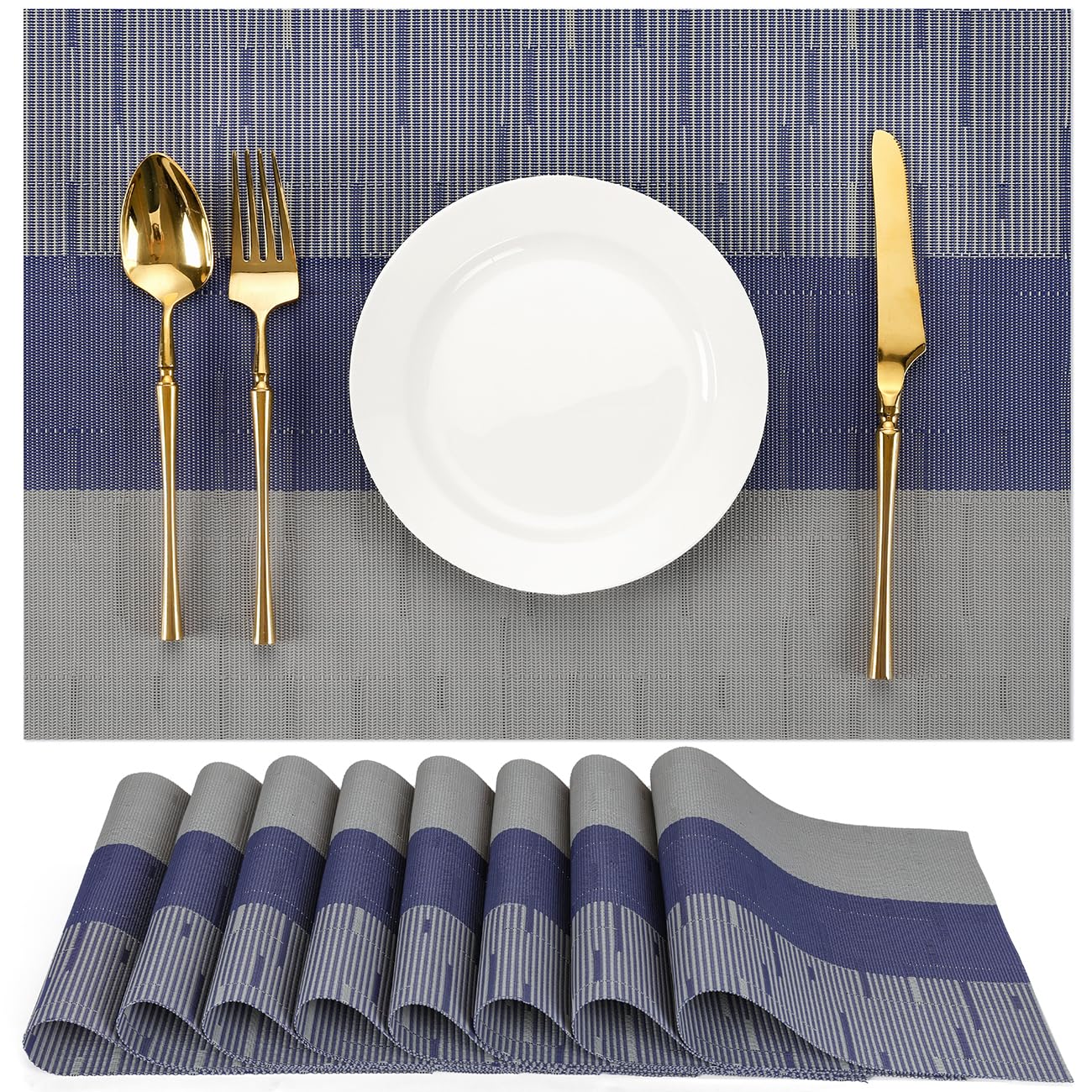 Chitomars Placemats Set of 8, Vinyl Woven Place Mats Indoor Set of 8 Washable Wipeable PVC Table Mats Heat-Resistant Non Slip Plastic Placemat for Kitchen Dining Outdoor Table (Blue Grey, Set of 8)