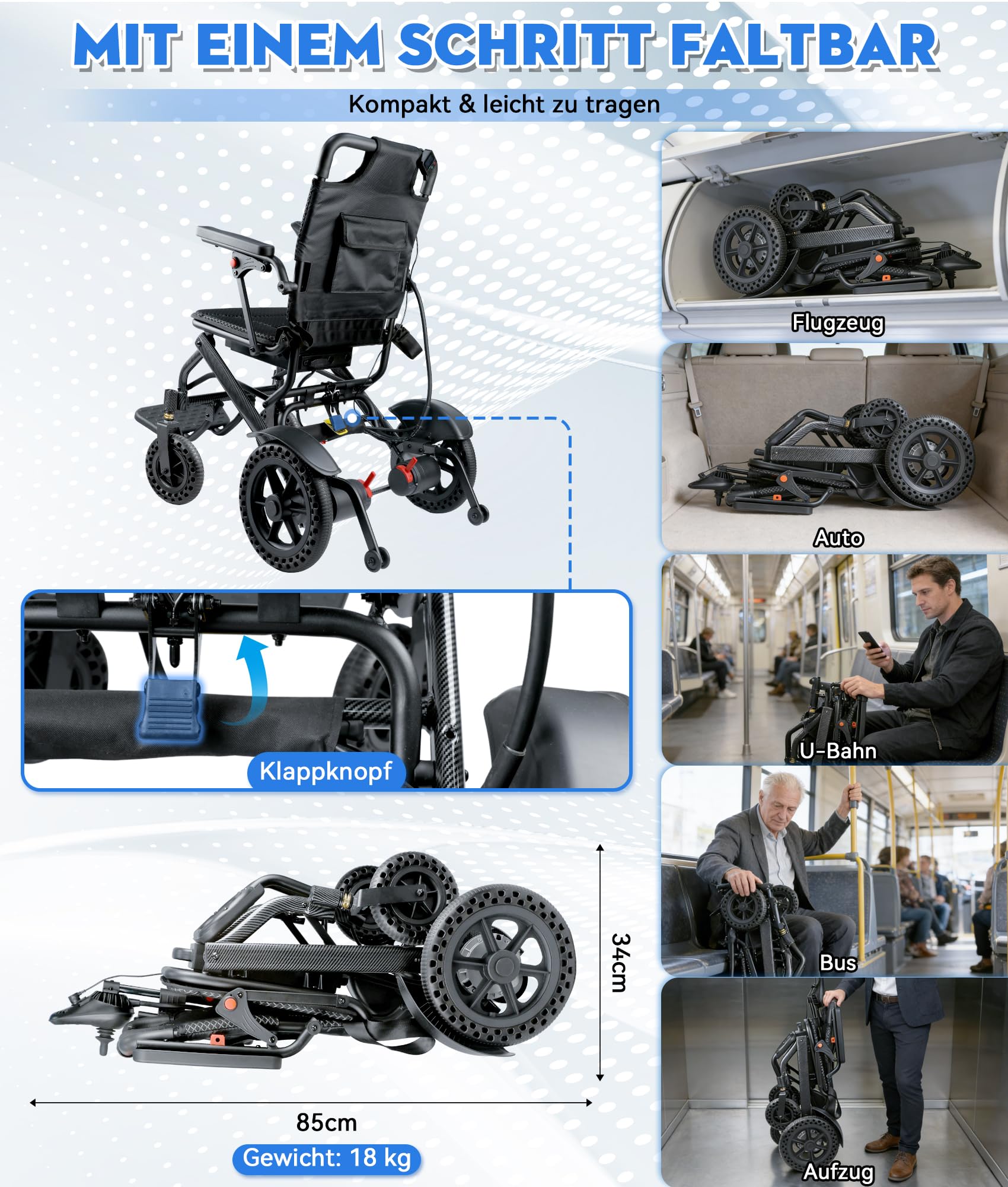 Silla de Ruedas Eléctrica Plegable, 170KG Capacidad de Carga, Silla de Ruedas Eléctrica Ligera con Doble Control & Motor 500W & Freno Electromagnético para Mayores (Negro)