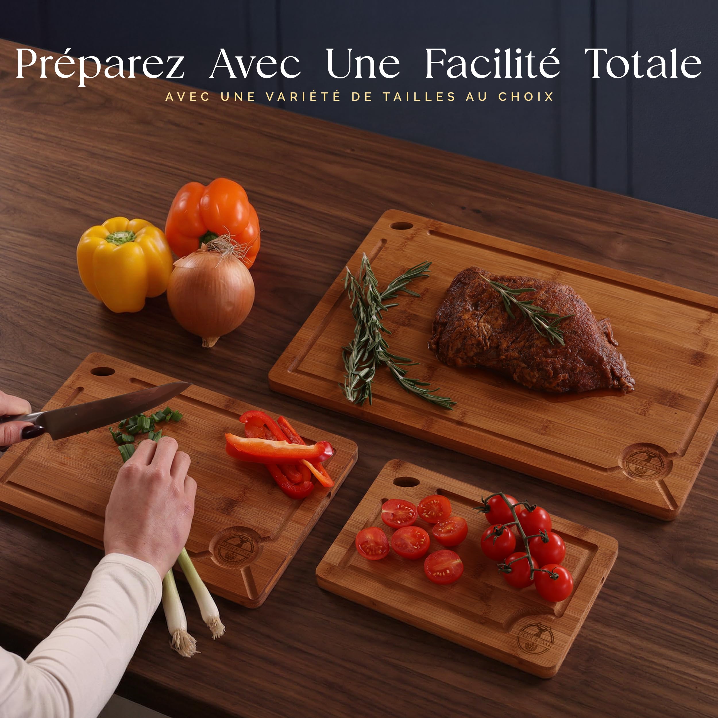 Deer & Oak Lot de 3 Planches à Découper Bambou Carbonisé Pré-huilées | Trou de suspension · Technologie 260 °C · Aussi pour le service de charcuterie